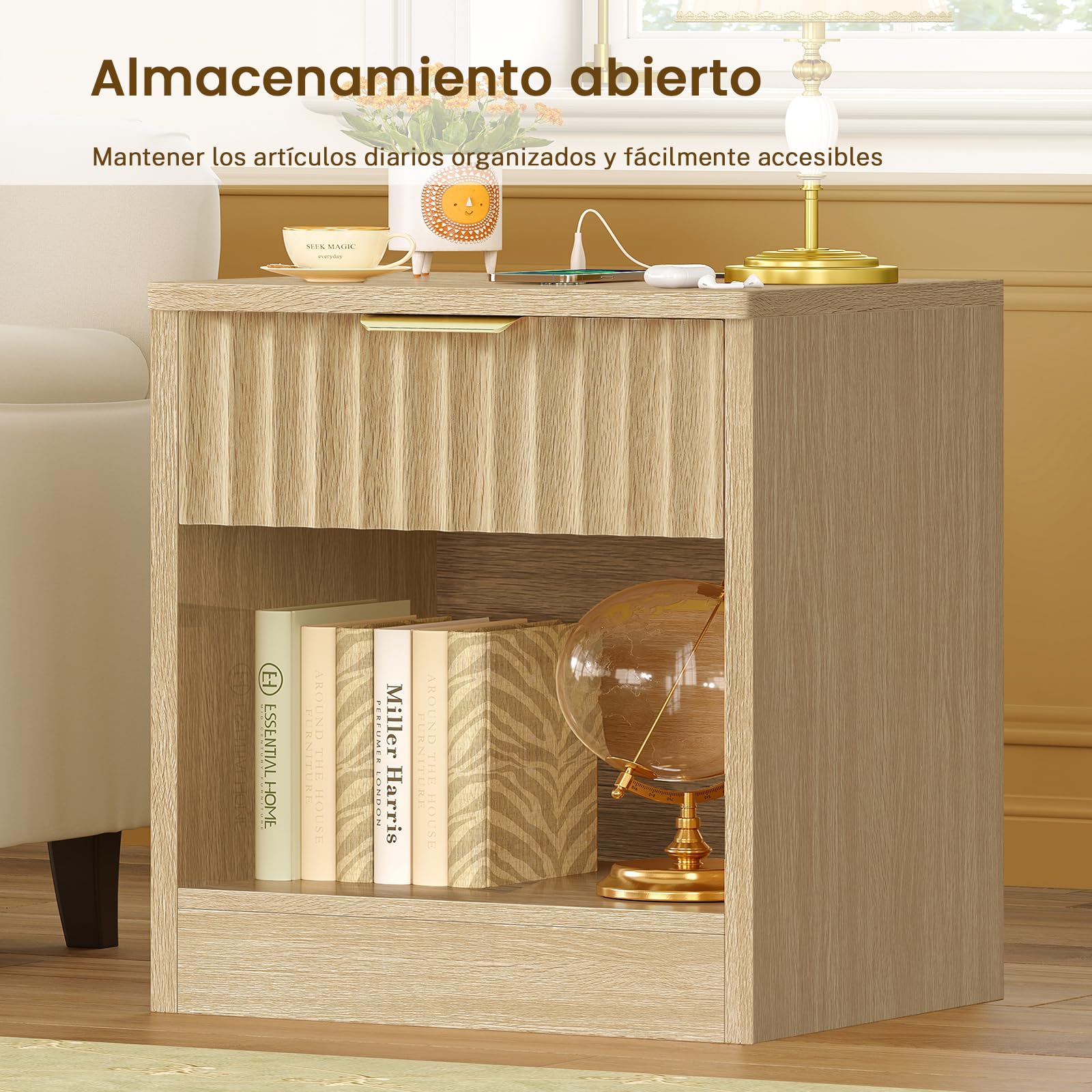 TEENFON Juego de 2 Mesitas de Noche Acanaladas con Enchufe y USB, Mesa Auxiliar con Luz LED, 1 Cajón y Compartimento Abierto, para Dormitorio, Madera Natural