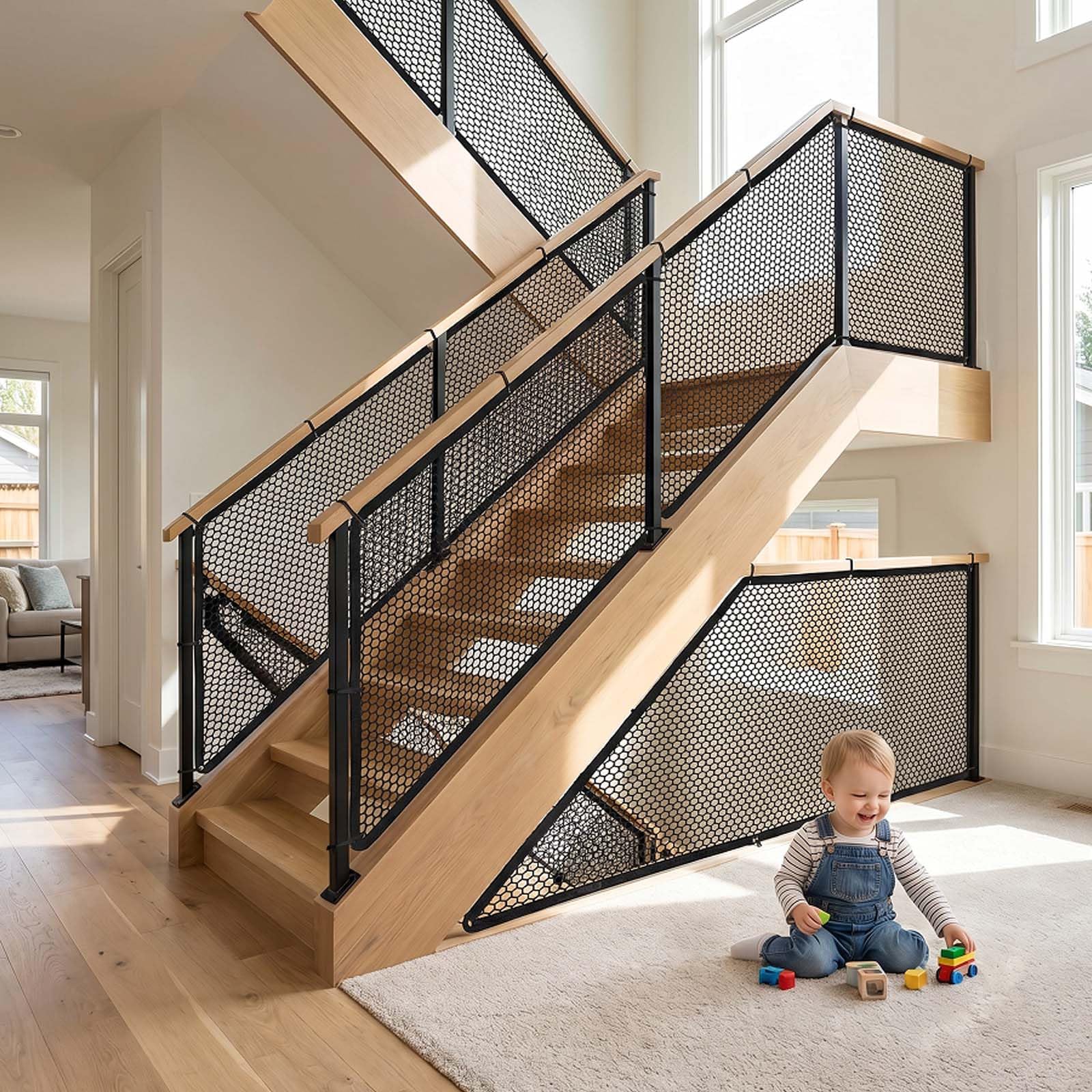 300 * 78 cm Filet Sécurité Escalier Enfant, Filet Protection Balcon Sécurité Garde Corps avec 15 Sangles 25 Cordes Nylon, Découpable pour Escalier Fenêtre Animaux Noir