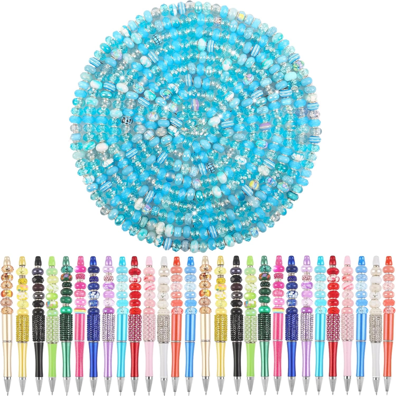 Large Hole European Beads for Pens - 100 Pieces Assorted Lake Blue Fairy Wand Garden Lampwork Craft Spacer Beads for DIY Bracelet Necklace Decoration Jewelry Making Supplies