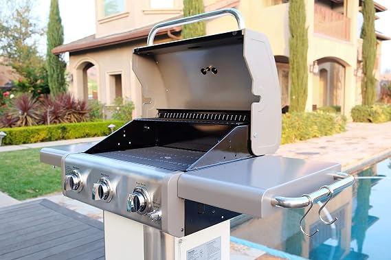 Kenmore 3-Burner 30,000 BTU Outdoor BBQ Propane Gas Grill with Folding Sides & Permasteel Weatherproof Grill Cover for 2-3 Burner Grills
