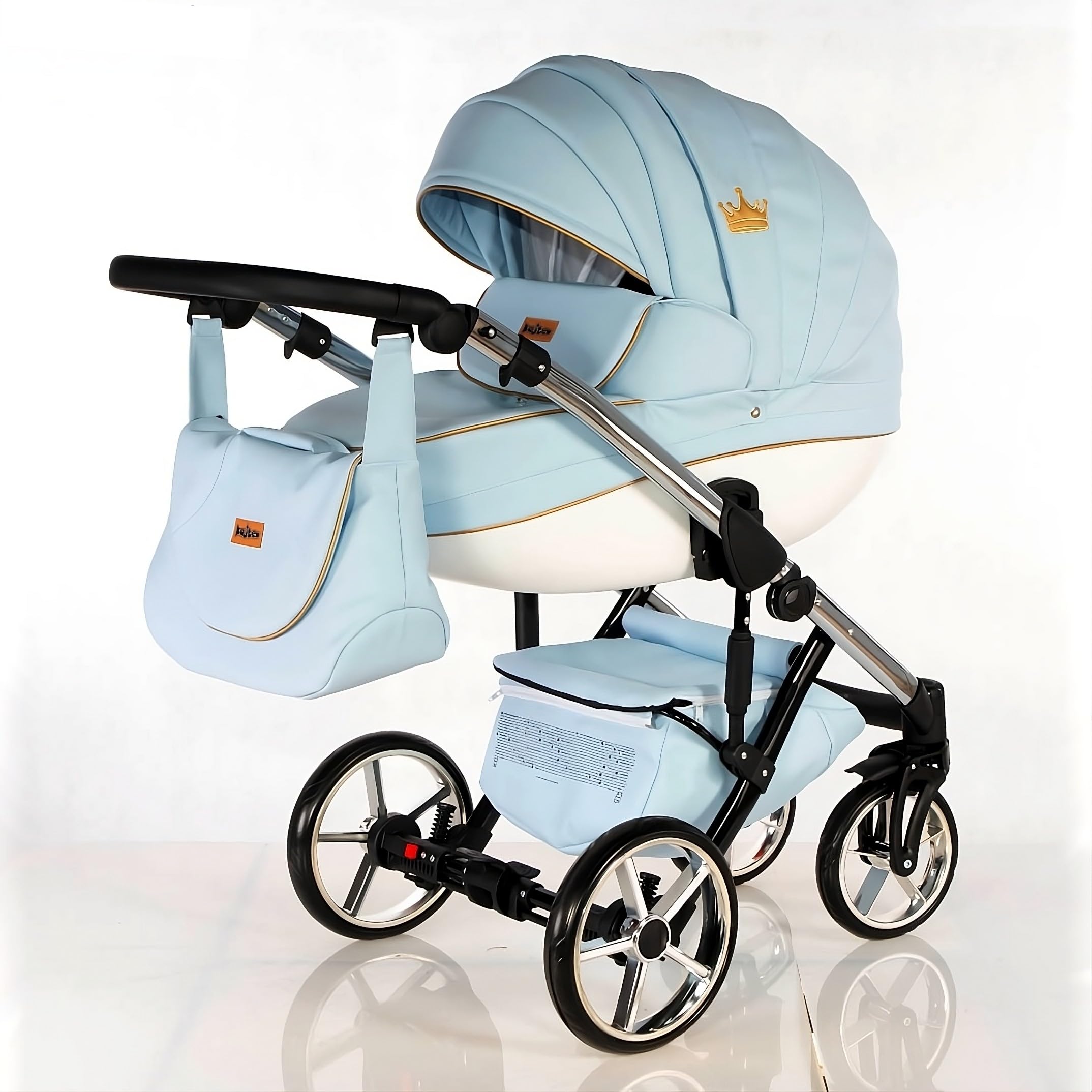 Cochecito NAVI Kajtex BBtwin 3en1 polipiel, carro de bebé 3 piezas con corona, Trio eco-piel, cuero sintetico (blue)