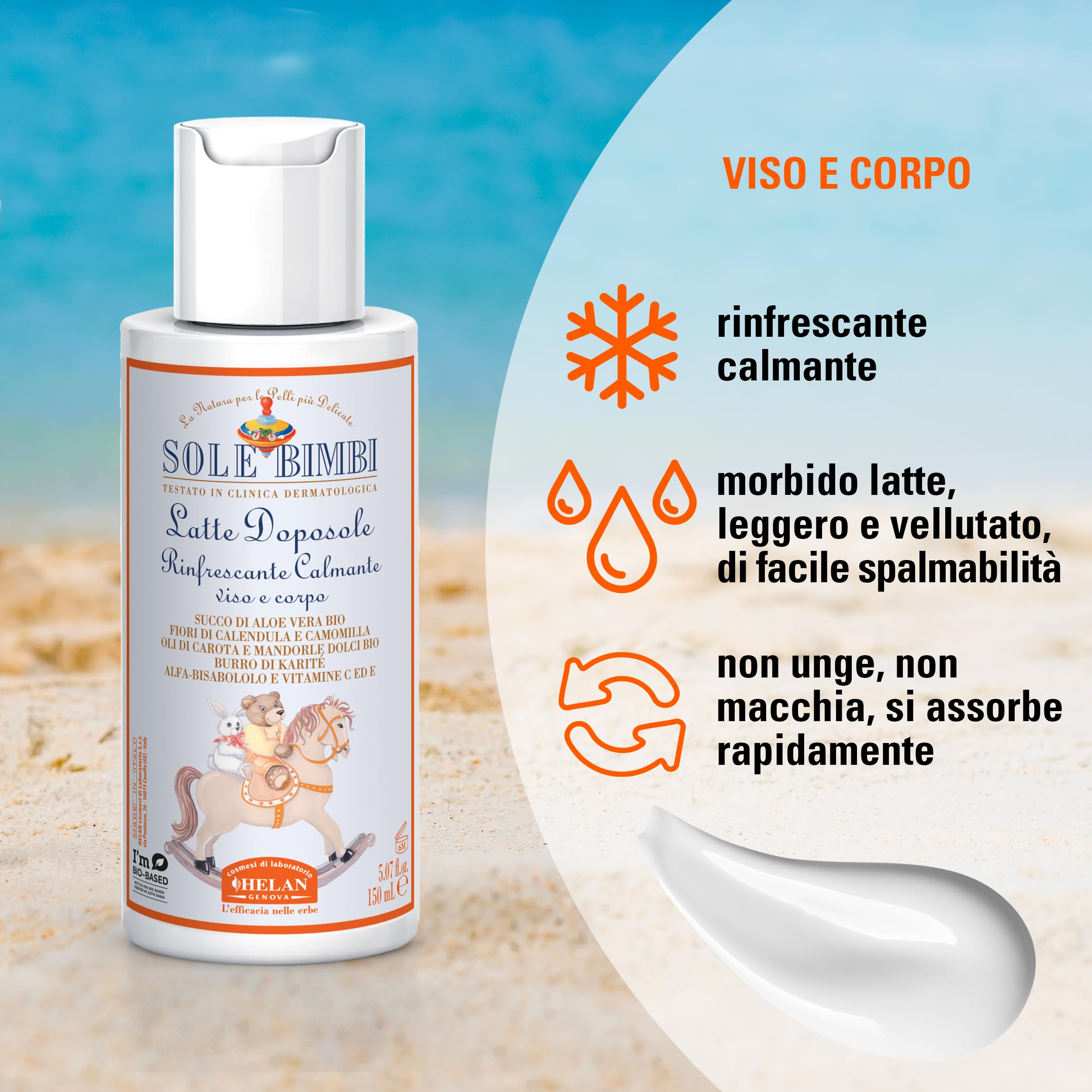 Helan, Sole Bimbi - Doposole Bambini e Neonati Lenitivo con Vitamina E e Olio di Mandorle Dolci, Crema Doposole Corpo Idratante con Burro di Karitè e Aloe Vera, Dopo Sole Calmante con Camomilla 150 ml