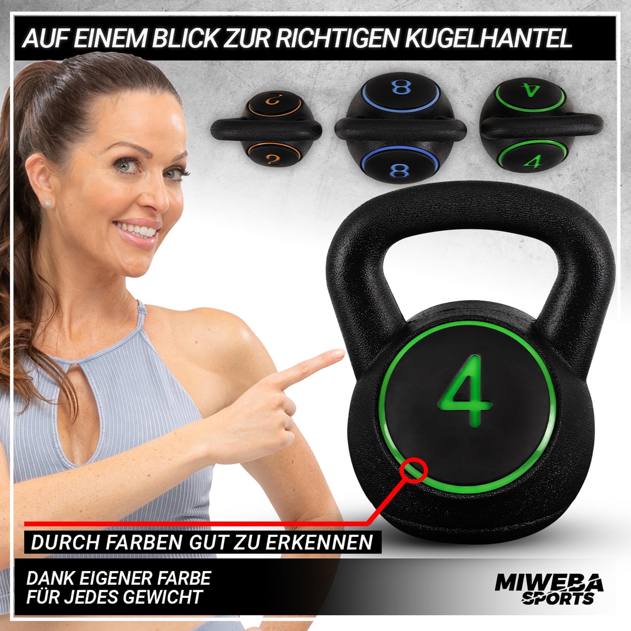 Miweba Sports Kettlebell | Hanteln Set - Gewichte 2 | 4 | 8 kg - Kettlebell Set - Hantel Set - Kettlebells - Fitness Zubehör inkl. Ablage - Krafttraining - Kugelhantel - Kugelgewicht - Schwunghanteln