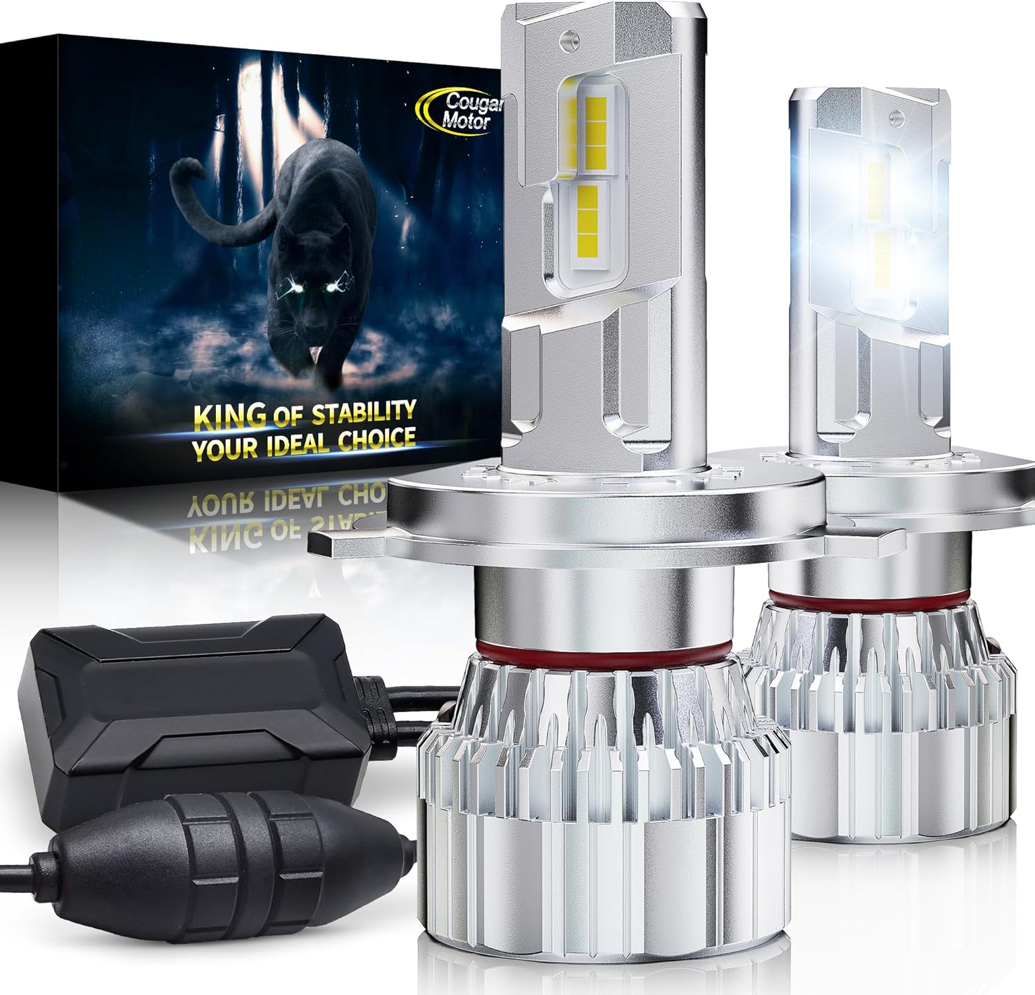 Cougar Motor H4 Bulb, 9003/H4 Fog Bulbs 6500K Cool White with Cooling Fan Off-Road Use or Fog Lights 68000LM, Plug N Play, Pack of 2