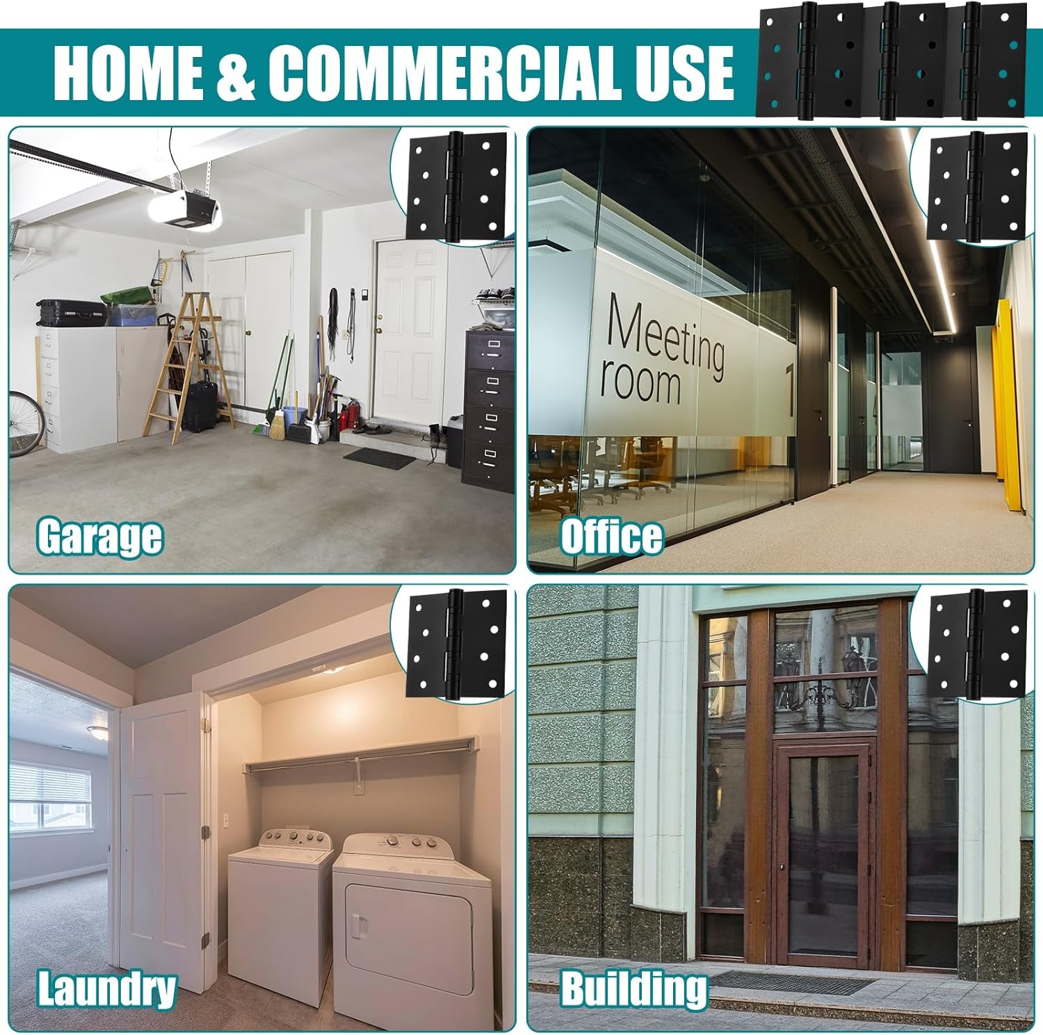 12 Pcs 4'' Ball Bearing Door Hinges Stainless Steel Heavy Duty Hinges 4 x 4 Inch Exterior Door Hinge (Square Corners,Black)