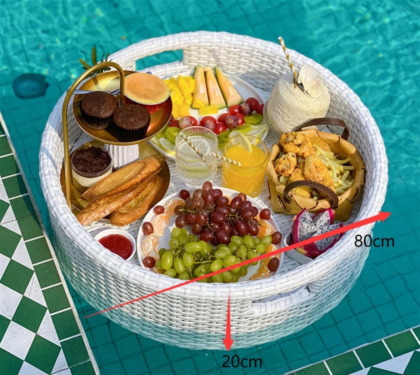 Taca na Basen, na lato plażę basen Taca Rattanowa, Okrągła, Pływająca, Stół I Bar Do Serwowania Napojów Przy Basenie Na Brunch Uchwyt na Napoje