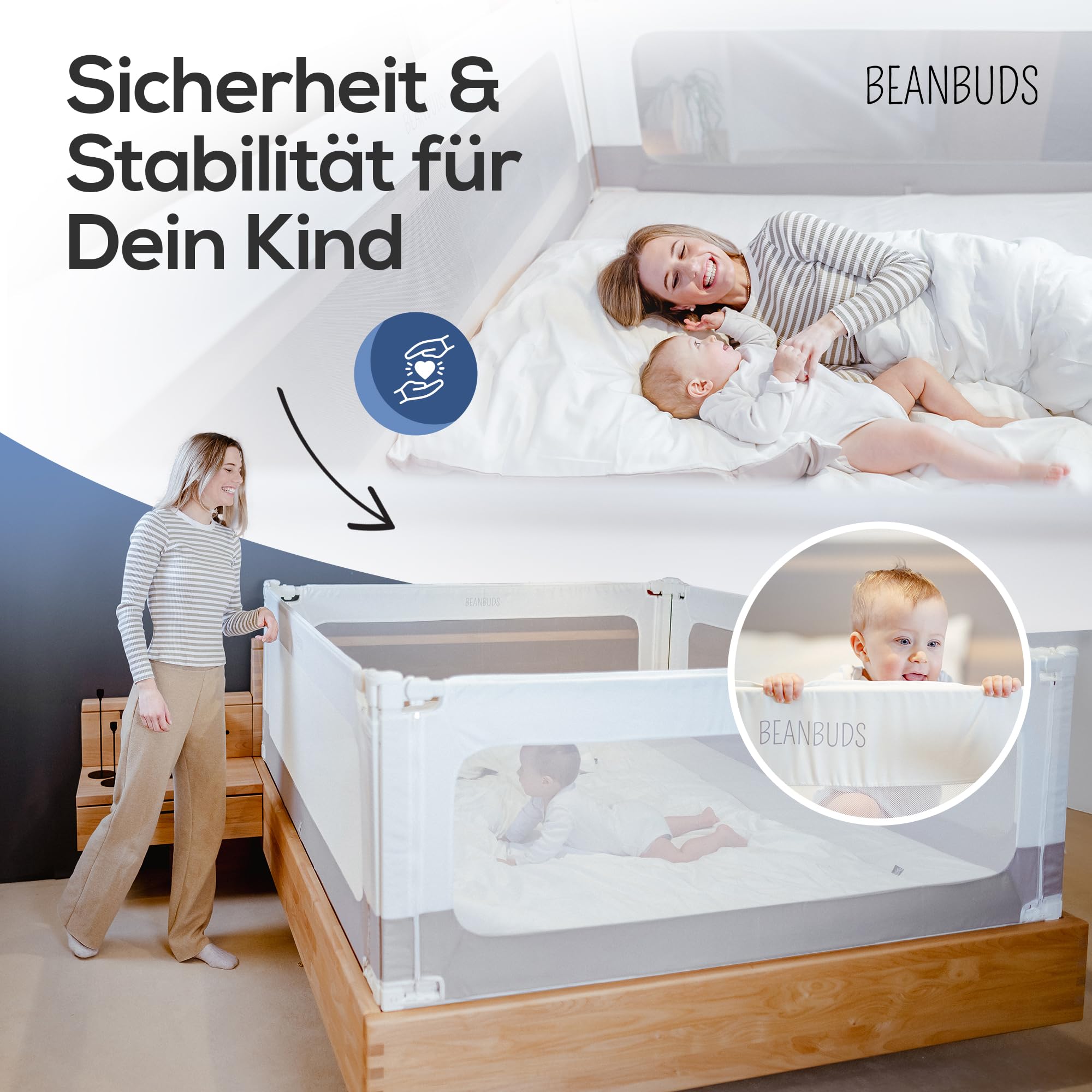 BEANBUDS® Bettgitter Rausfallschutz 200cm [1 Seite], Grau | Bettschutzgitter Lattenrost & Boxspringbett, Baby Gitterschutz Elternbett & Kinderbett, inkl. extra Gurt, Bett Fallschutz