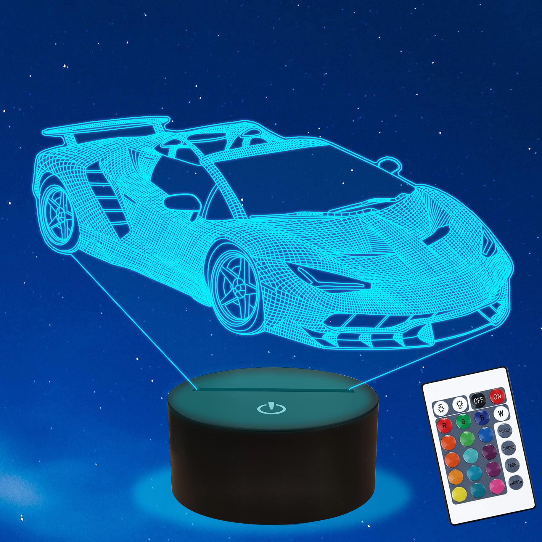 Ammonite Race Car Gifts,3D Car Lamp with Remote Control 16 Colors Changing and Timing Function, Car Party Supplies Holiday Xmas Birthday Gifts for Kids Child Teen