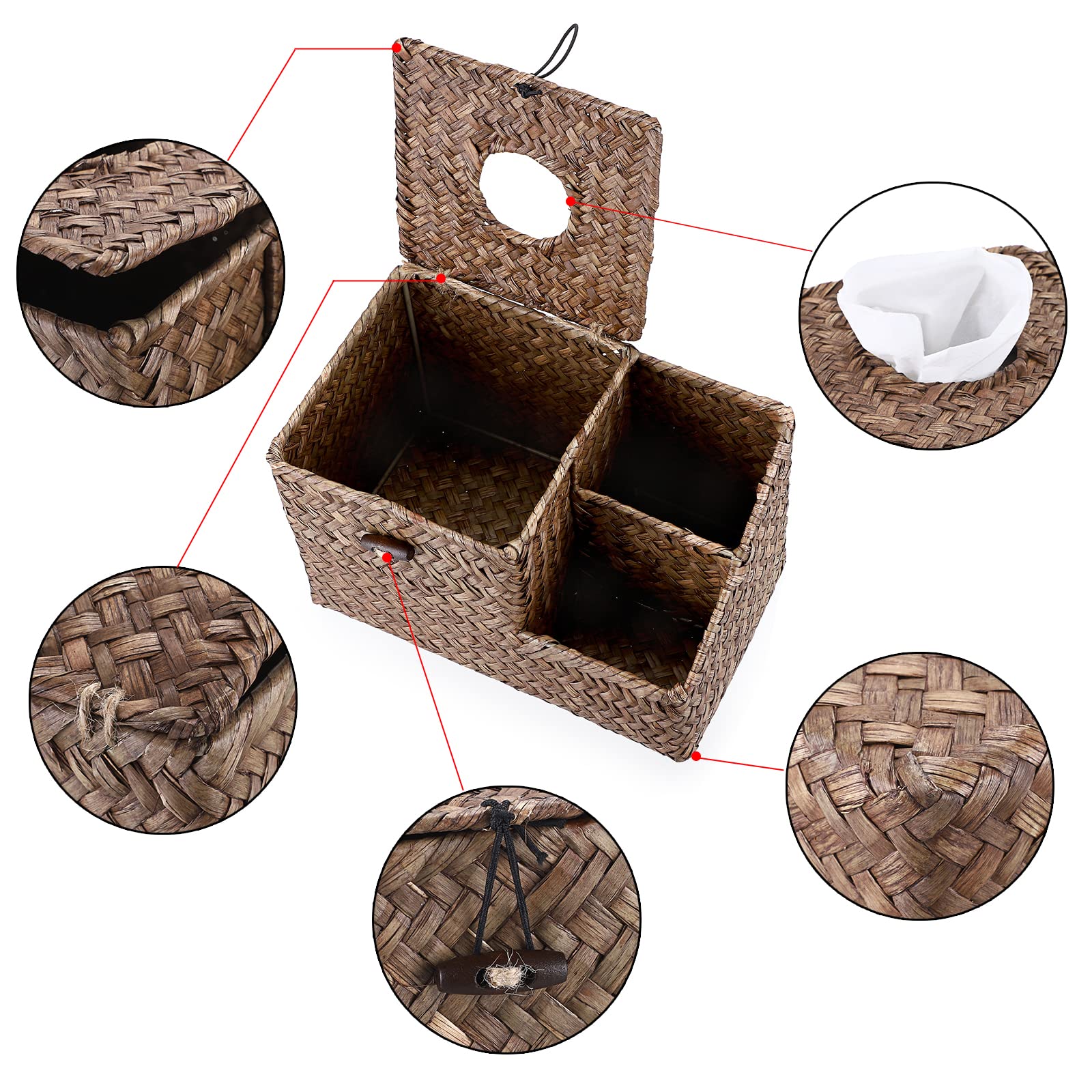 BTSKY Household Seagrass Facial Tissue Box With Two Side Storage Pockets (Coffee), 23x14x14cm - Image 4
