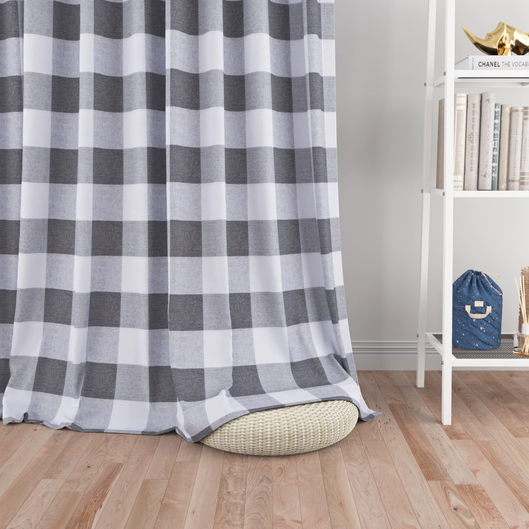 Rideaux en coton à carreaux de buffle gris, finition passe-tringle