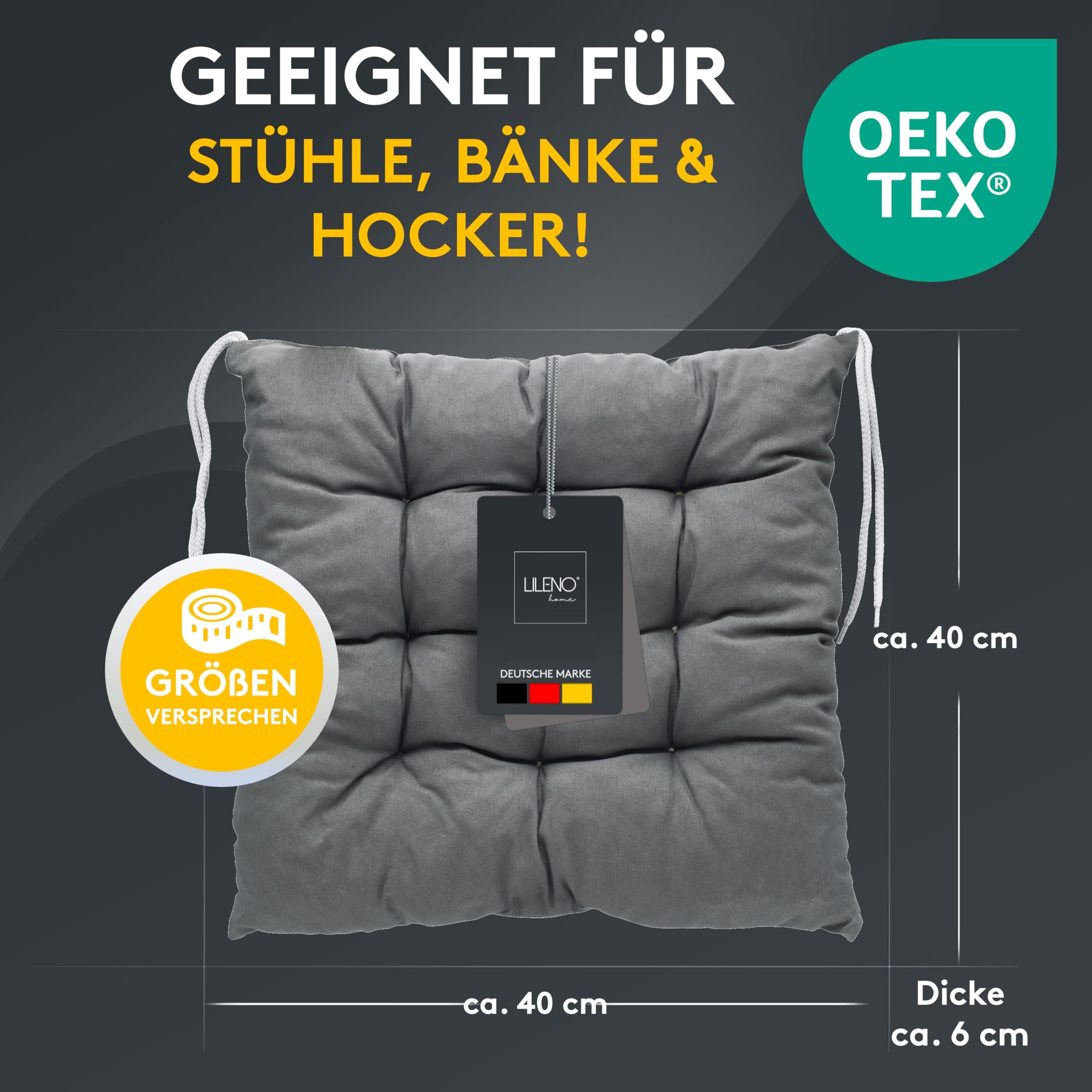 LILENO HOME 6er Set Wende Stuhlkissen Anthrazit (40x40x6 cm) - Streifen