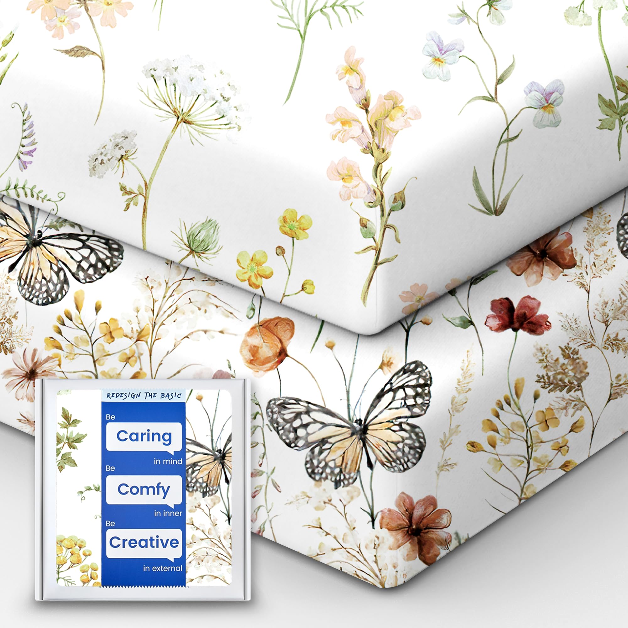 TotBasic Crib Sheets for Boy Girl, Premium Soft Butterfly Crib Mattress Fitted Sheet, Ultra Breathable Baby Sheets, Super Stretchy Baby Bed Sheets 28''x52''x9'' Extra Deep Pocket, 2 Pack