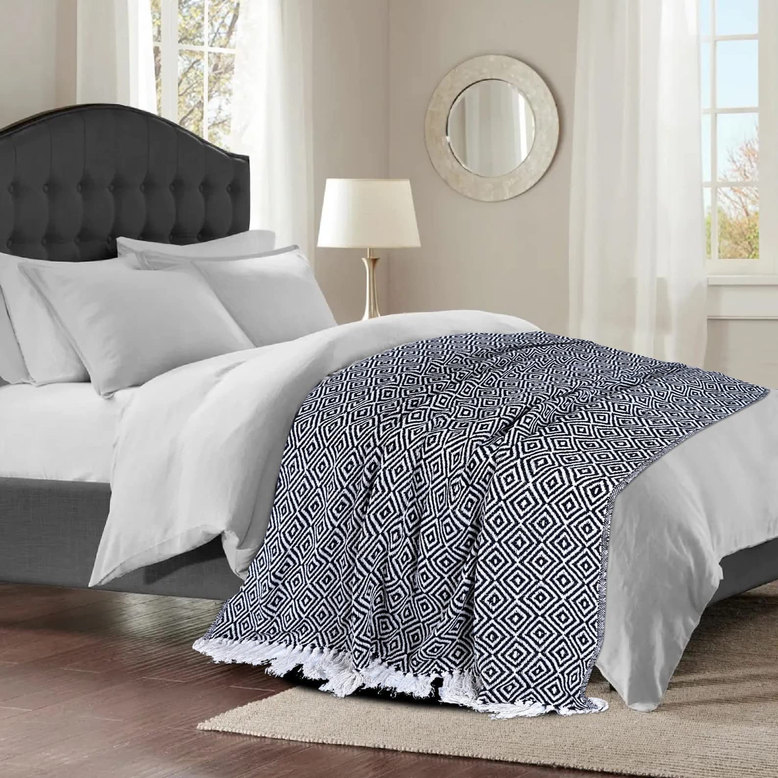 Throw Blanket for Sofa and Multi-Purpose Cotton Diamond Argyle Pattern Bed Couch Cover AC Blanket with Tassels for Bedroom (Reversible, 50 x 60 inches) (Black)