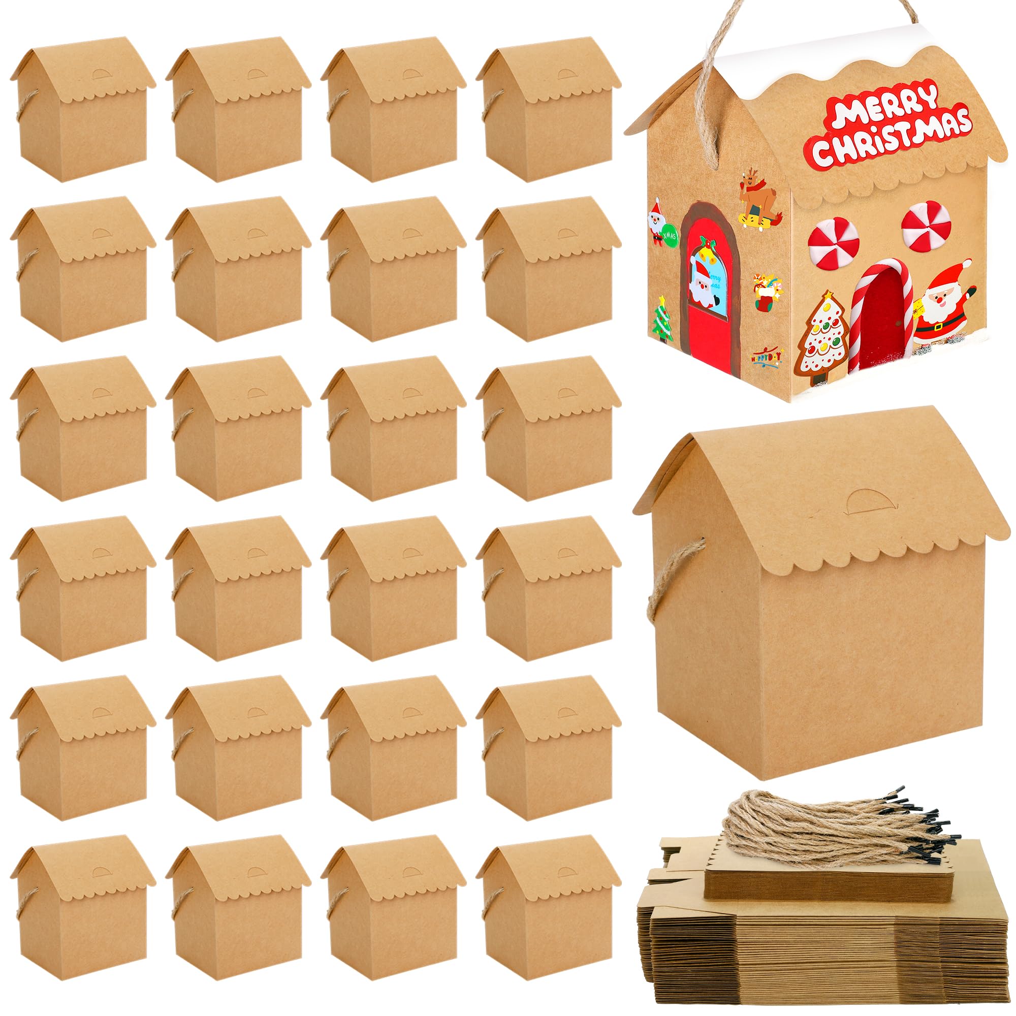 Aneco 48 Sets Christmas Gingerbread House Craft Kit with Twine DIY Xmas Gift Cookies Candy Boxes Build Kraft Gingerbread House Supplies for Christmas Holiday Fun Party Game Decorations