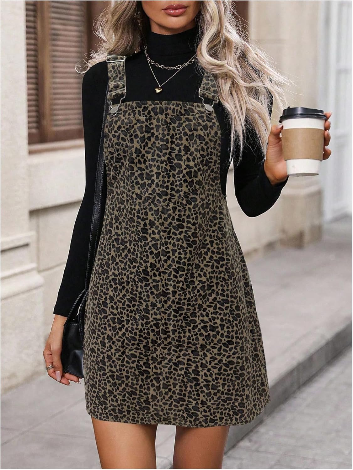 SOLY HUX Women's Leopard Corduroy Overall Mini Dress Cheetah Print Sleeveless Pinafore Dresses - Image 5