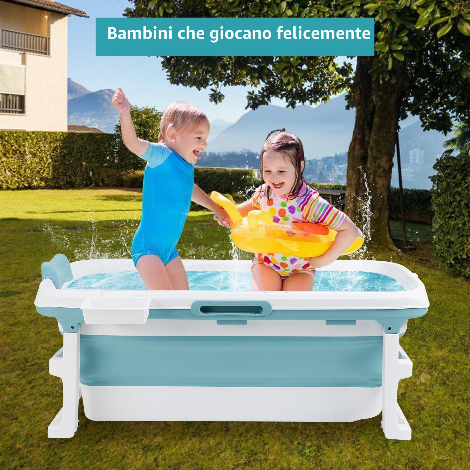 Vasca da bagno pieghevole per adulti - 149 x 60 x 50 cm - Portatile - Vasca da bagno mobile pieghevole con coperchio e rulli massaggianti - Portasapone - Per bagno e doccia - Blu