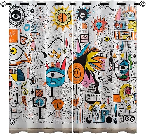 Cortinas opacas con diseño de graffiti para niñas y niños, decoración del hogar, diseño abstracto de dibujos animados coloridos con ojales, cortinas