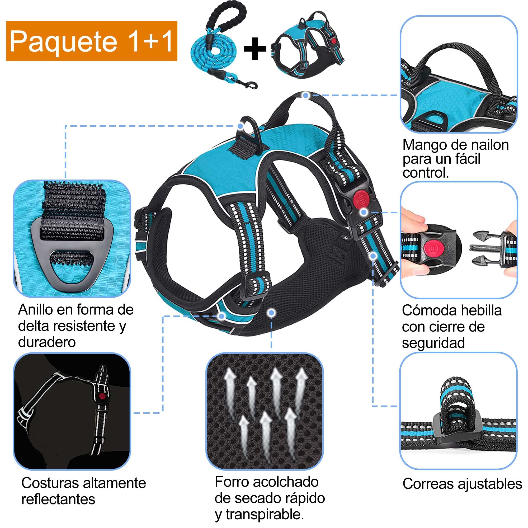 haapaw Arnés para Perro sin Tirar, Ajustable, Reflectante Oxford, fácil de controlar, Mediano y Grande, con una Correa para Perro Resistente