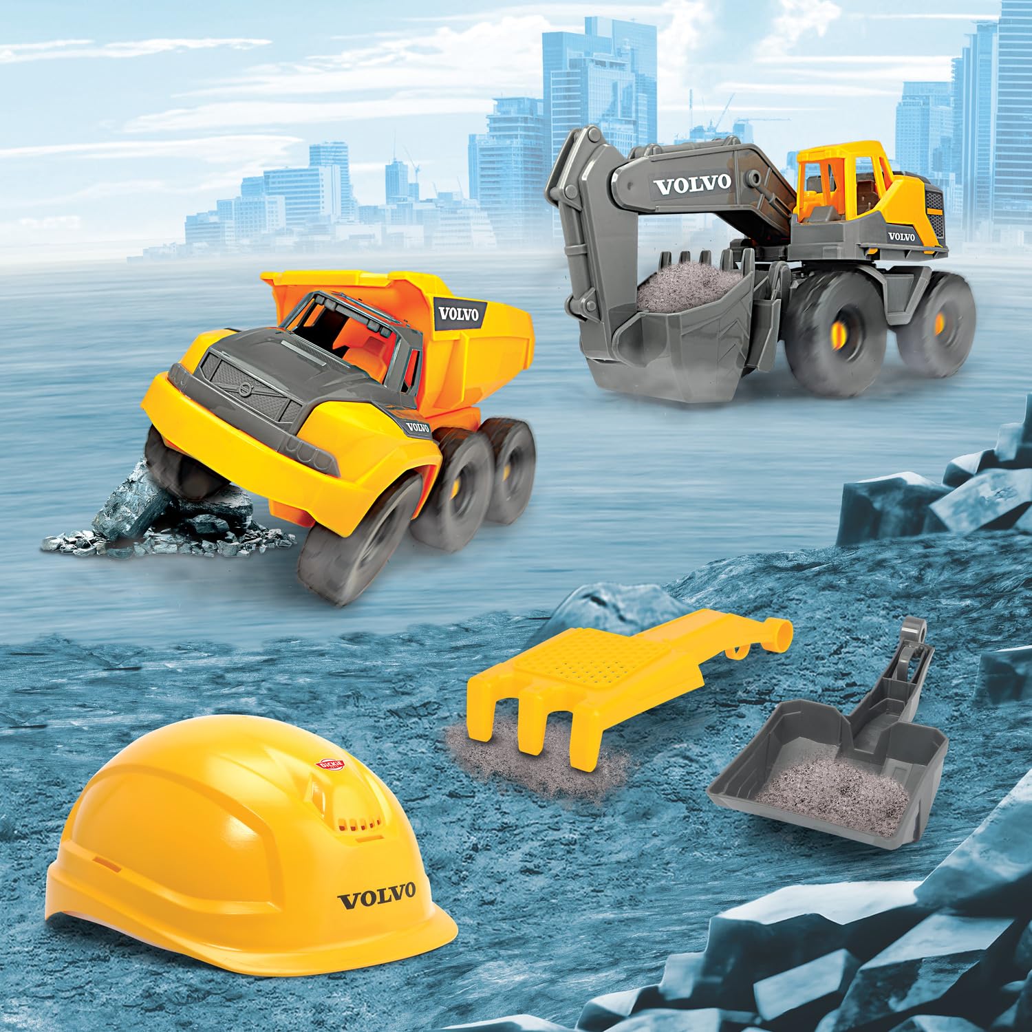 Dickie Toys - Volvo zestaw budowlany Construction (5-częściowy) – duża koparka do zabawek i wywrotka (po 26 cm) z kaskiem, szuflą i sitkiem do grabienia, zabawka do samochodu i piasku dla dzieci od 3
