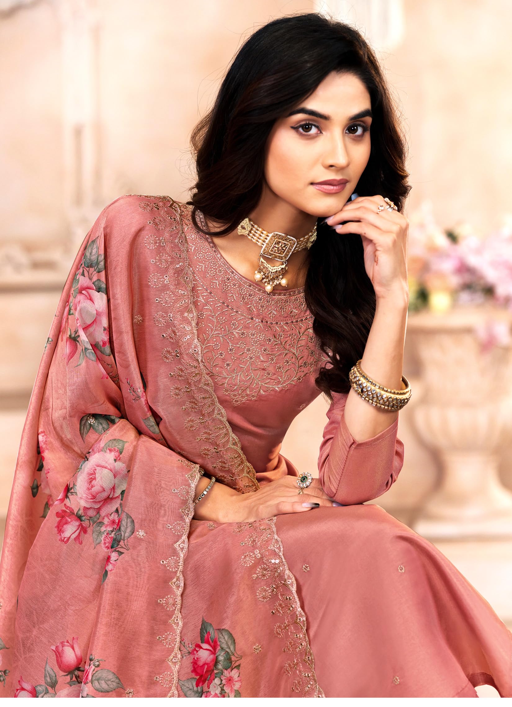 ladyline Party Wear Shimmer Silk Embroidered Salwar Kameez Suit Set for Women - Cutwork Digital Printed Silk Dupatta