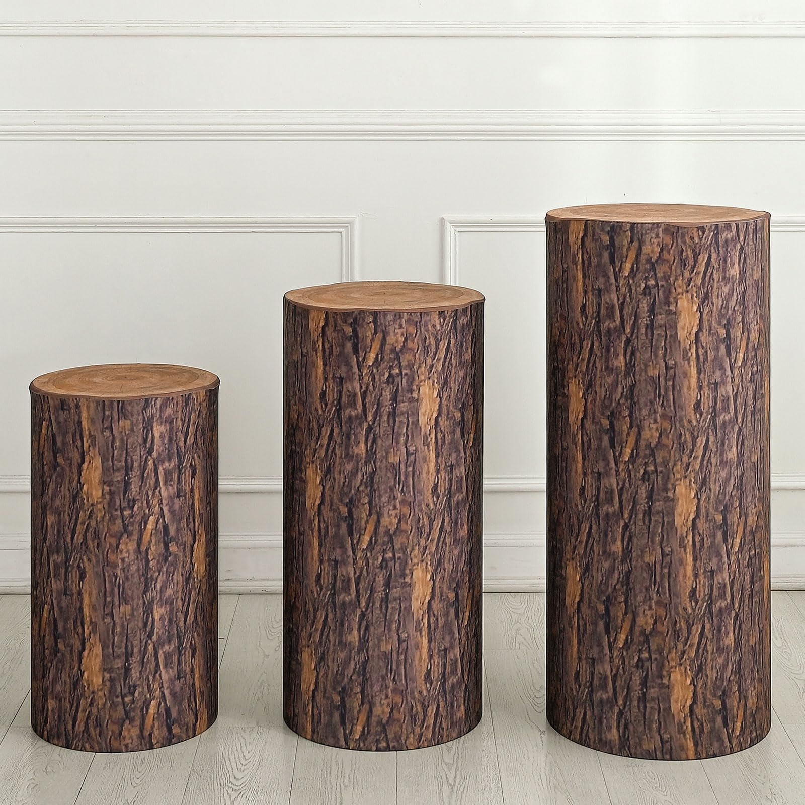 QUARKZMAN Set of 3 Housses De Socle Cylindrique Texture Bois, Housse De Socle Pour Décoration De Fête Mariage Anniversaire, Contient Uniquement (Tissu Élastique - Grand)