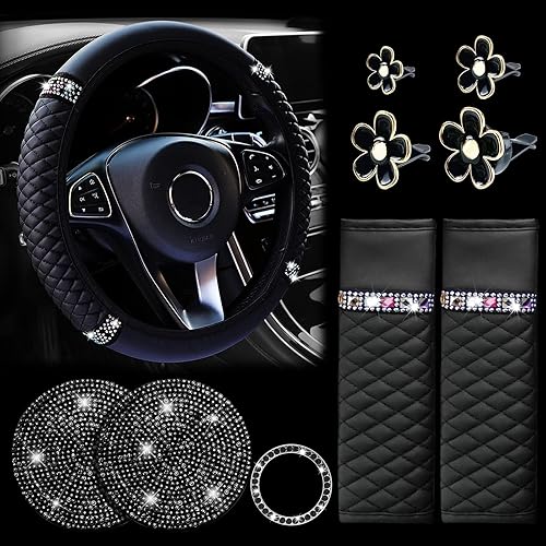 Juego de 10 accesorios de cuero para automóvil funda para volante de automóvil de poliuretano con diamantes de imitación brillantes para mujeres y