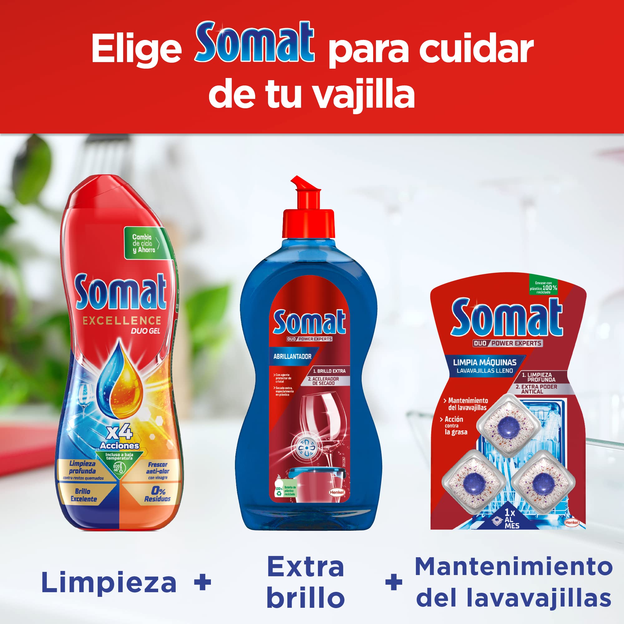 Somat Excellence Gel Frescor Anti-Olor 50 Dosis (pack de 10, total: 500 lavados), detergente lavavajillas desengrasante, lavavajilla líquido automático en botella, jabón para platos con vinagre