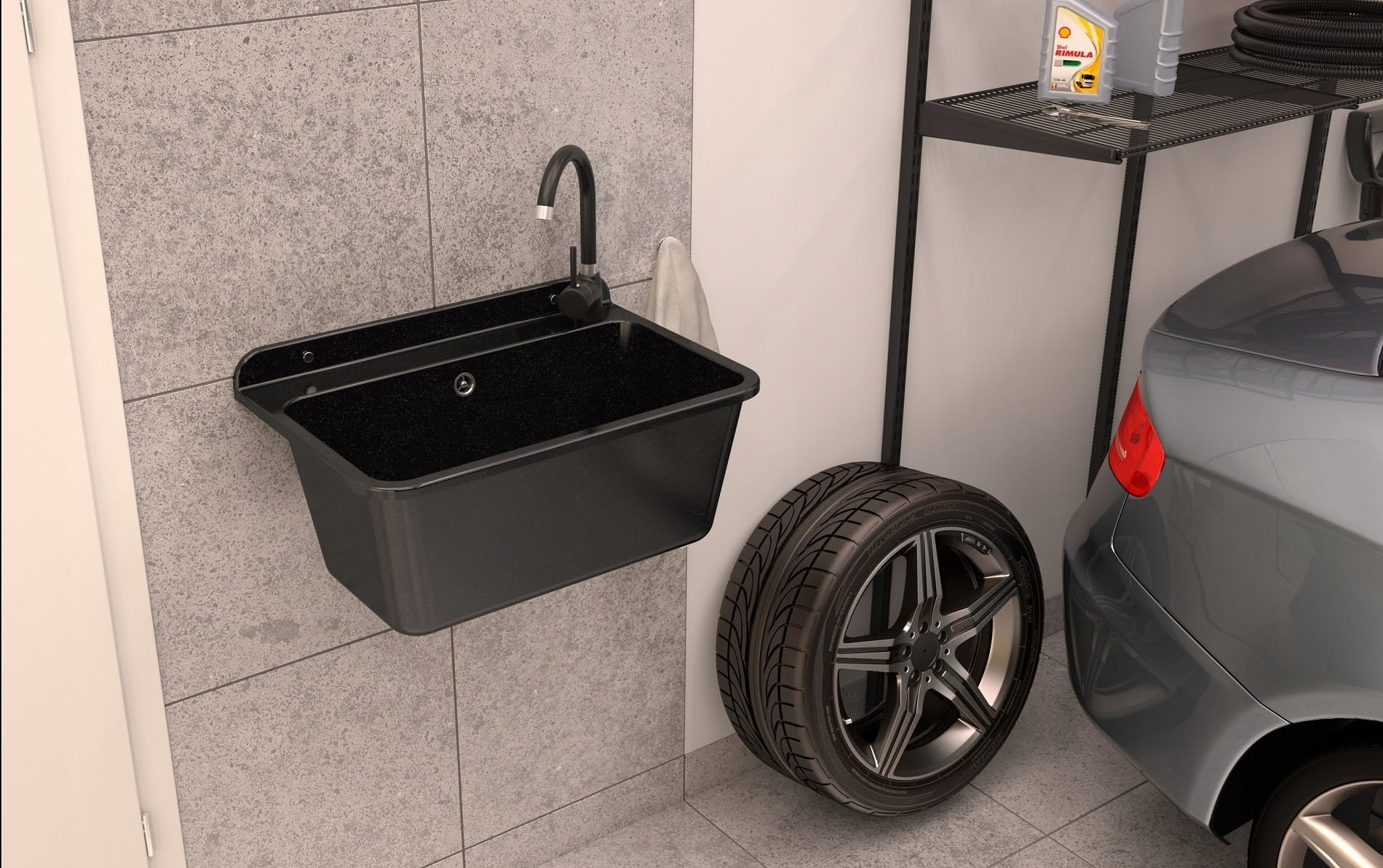 Granitan Zlewozmywak do garażu, piwnicy, warsztatu, uniwersalne koryto z syfonem, umywalka, montaż ścienny z polipropylenu – 61 x 41 x 30 cm (kolor czarny + kwadratowa bateria umywalkowa)