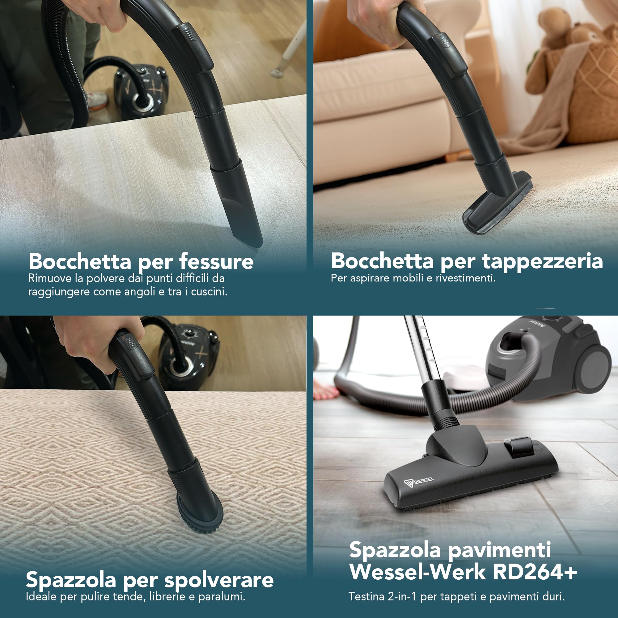 Akitas C5 Aspirapolvere con Sacco 850W, Raggio d’Azione 9m, Spazzola Tedesca Wessel-Werk, Filtro HEPA per Allergie e Animali, Compatto e Leggero