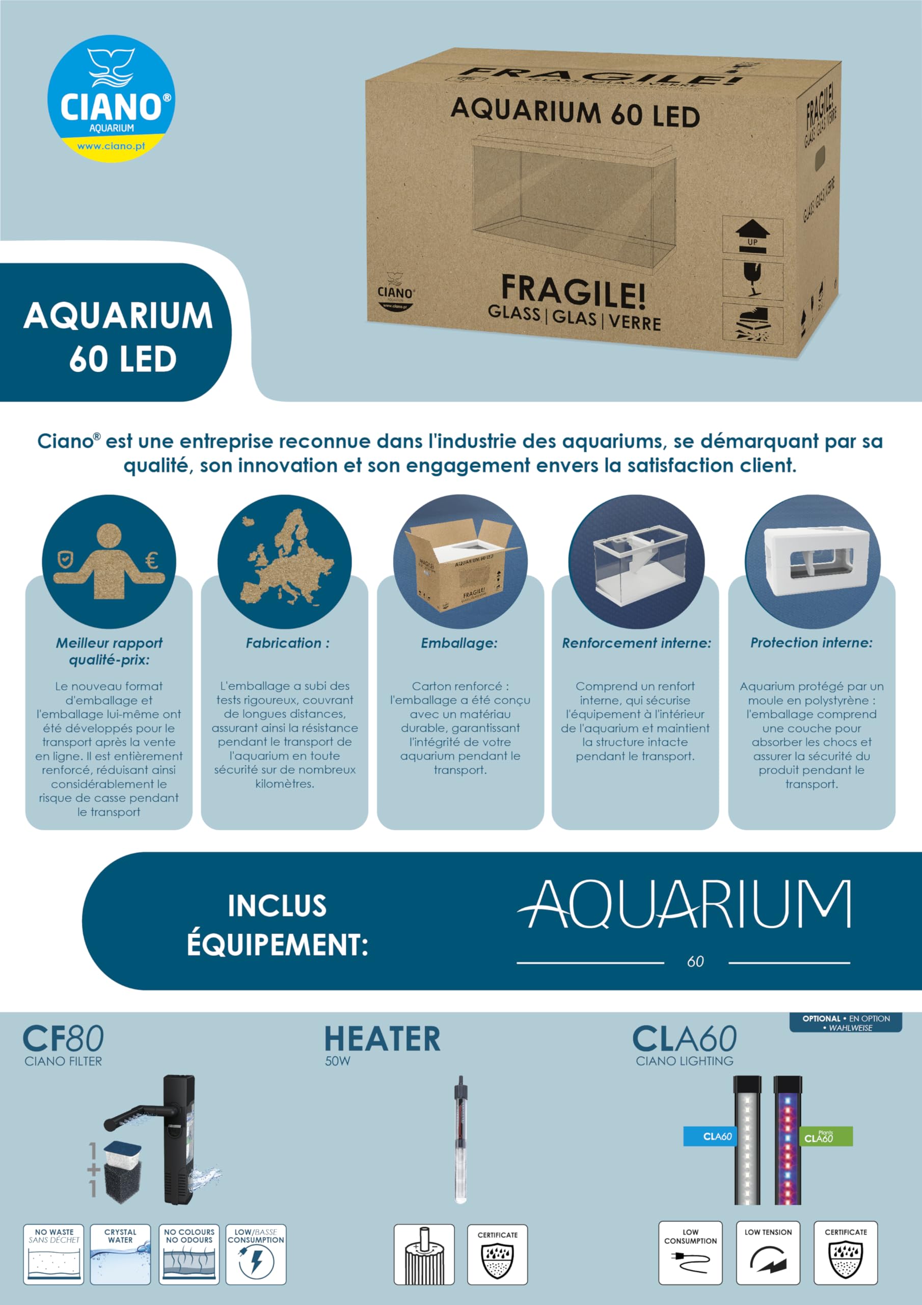 Ciano, Aquarium 60 Blanc, pour Poissons, Équipé d'un Filtre, Consommables, LED et Chauffage, 58L, Emballage Renforcé pour Envoi Web