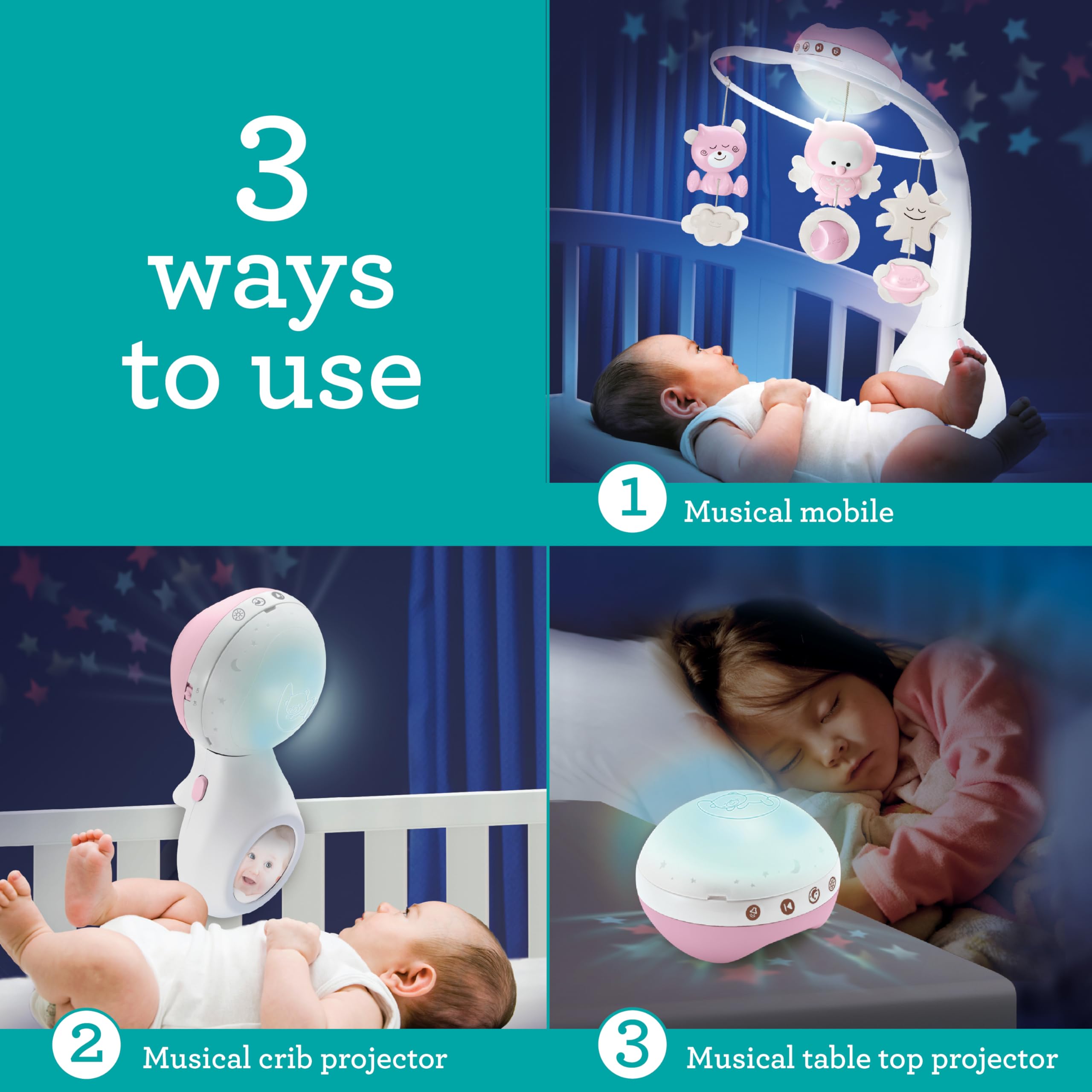 Infantino Proyector Musical Móvil 3-en-1 Convertible, Luz Nocturna y Proyector Infantil para Cuna, Modo Despertador para Simular la Luz del Día, 6 Melodías & 4 Sonidos de la Naturaleza, Rosa