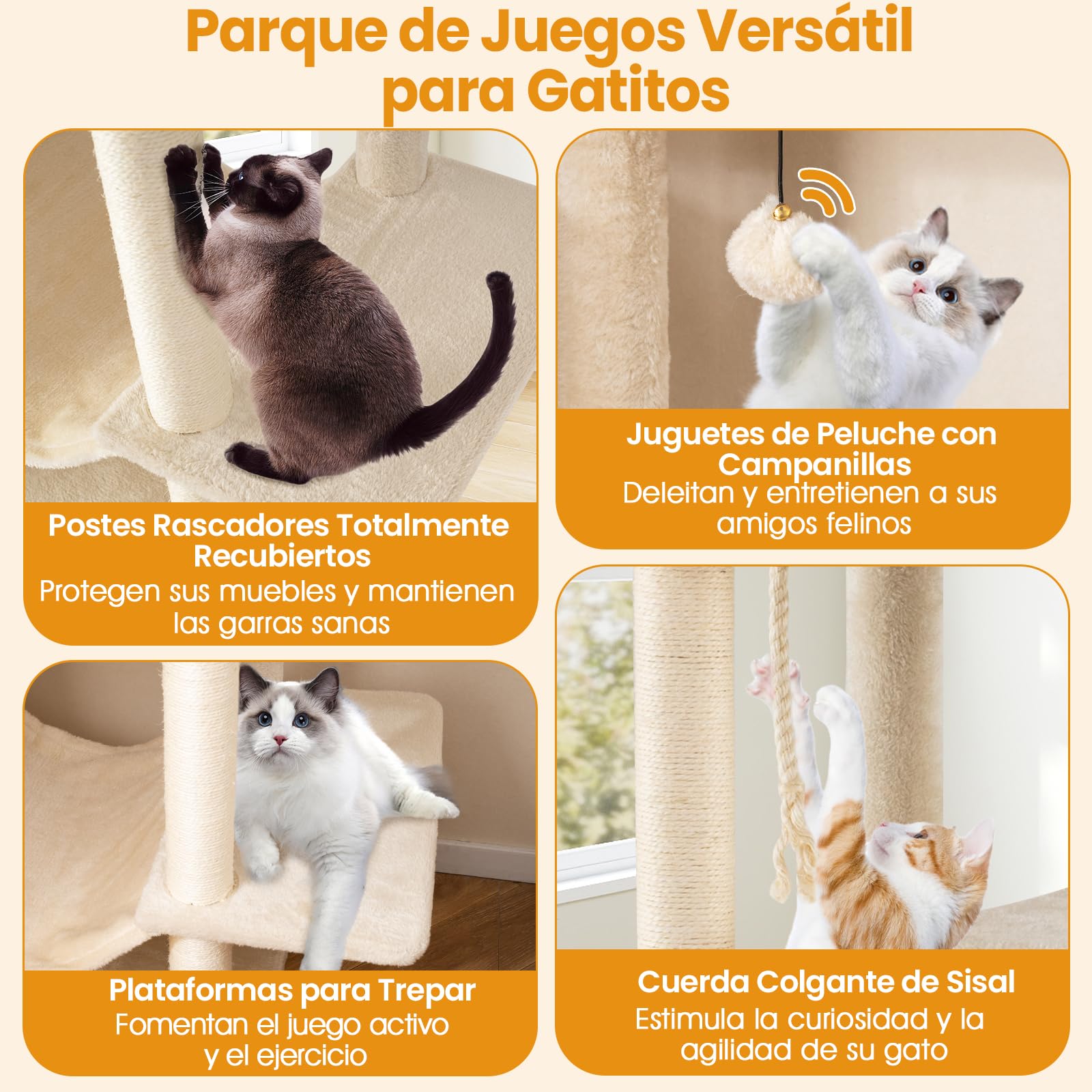 COSTWAY Árbol Rascador para Gatos de Varios Niveles, Torre de Escalada para Gatitos con 2 Condos, 2 Perchas de Terciopelo, Postes de Sisal y Cuerda, Juguetes Colgantes, Plataformas Múltiples,Beige