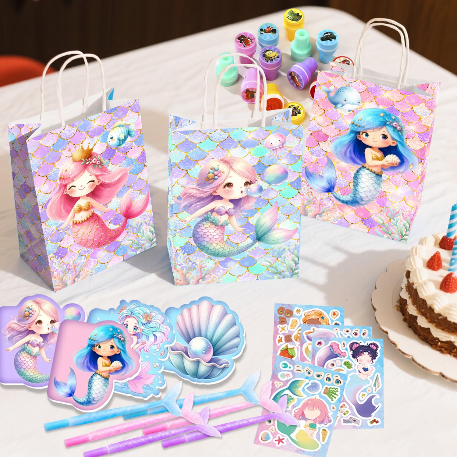 Sirena Bomboniere Festa,108 Pezzi Set di Bomboniere a Forma di Sirena Includere Tema Sirene Taccuino Regalo Borsa Adesivi Gadget Compleanno