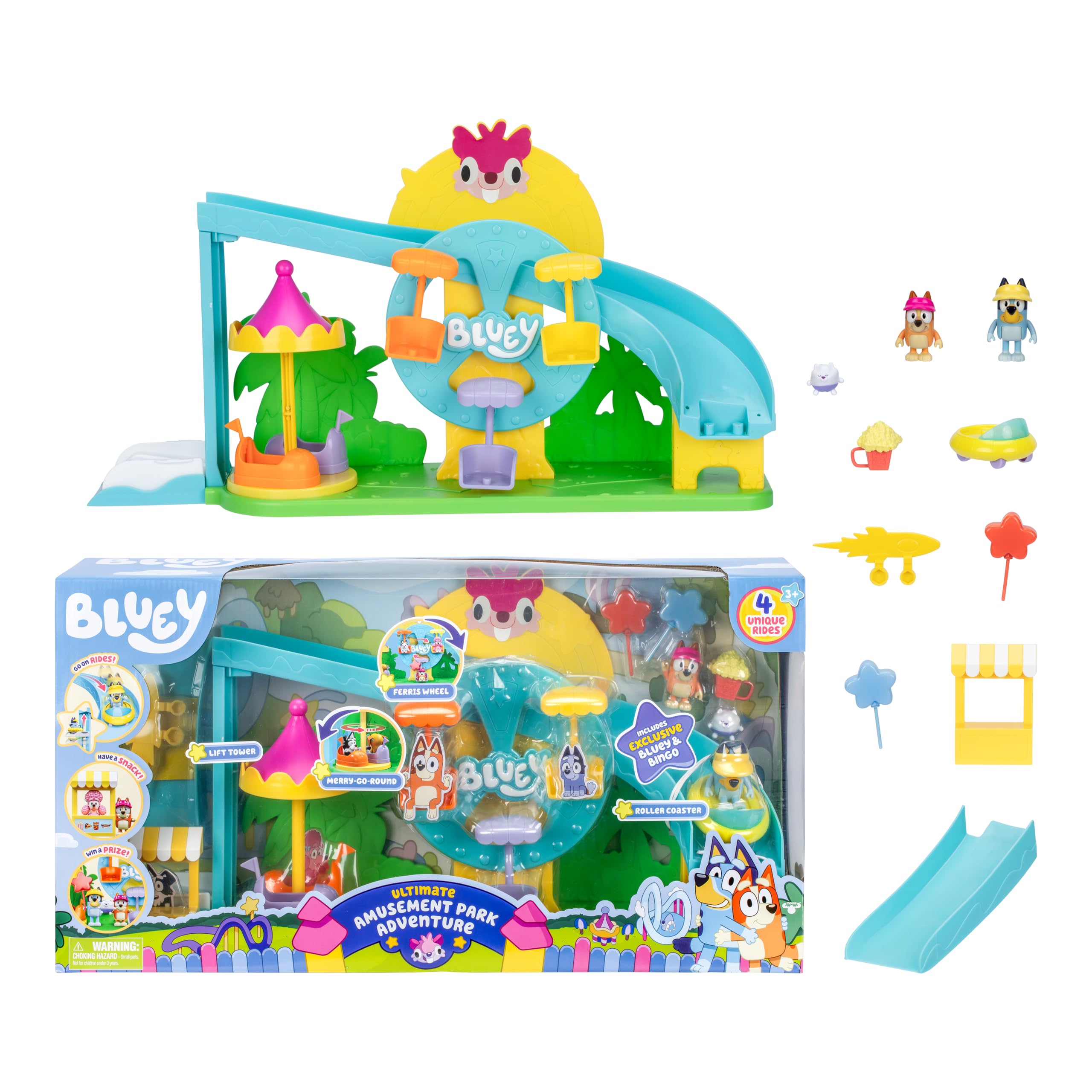 Bluey 's Amusement Park Adventures, 4 Unique Rides Career Round, Rocket Lift, Roller Coaster and Ferris Wheel, Includes Exclusive Bluey and Bingo Figures and 9 Play Pieces