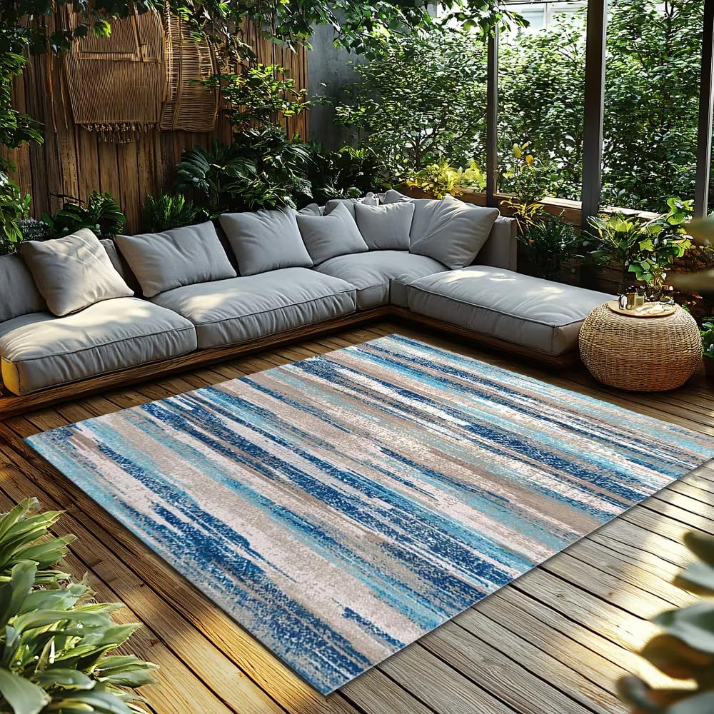 Tapis antidérapant texturé grand format 240x300 cm rayé gris bleu moderne