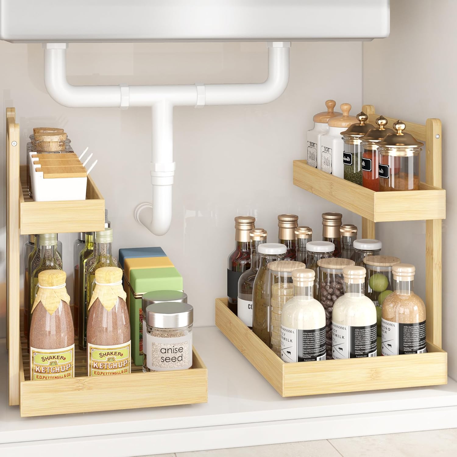 Under Sink Organizer - 2-Tier Pull Out Cabinet Organizer Vertical Slide Out Sink Shelf Storage Shelves for Multi-Purpose