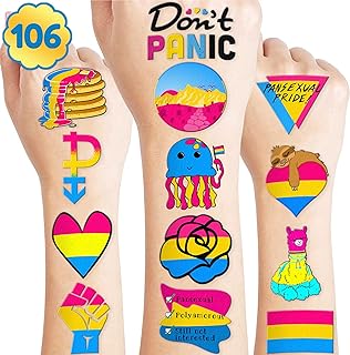 106 PCS Pansexual Rainbow Pride Month Temporary Tattoos Themed Birthday Party Decorations Favors Supplies Cute Pan Flag Gay LGBT Tattoo Stickers Gifts For Men Woman Classroom School Reward Festival