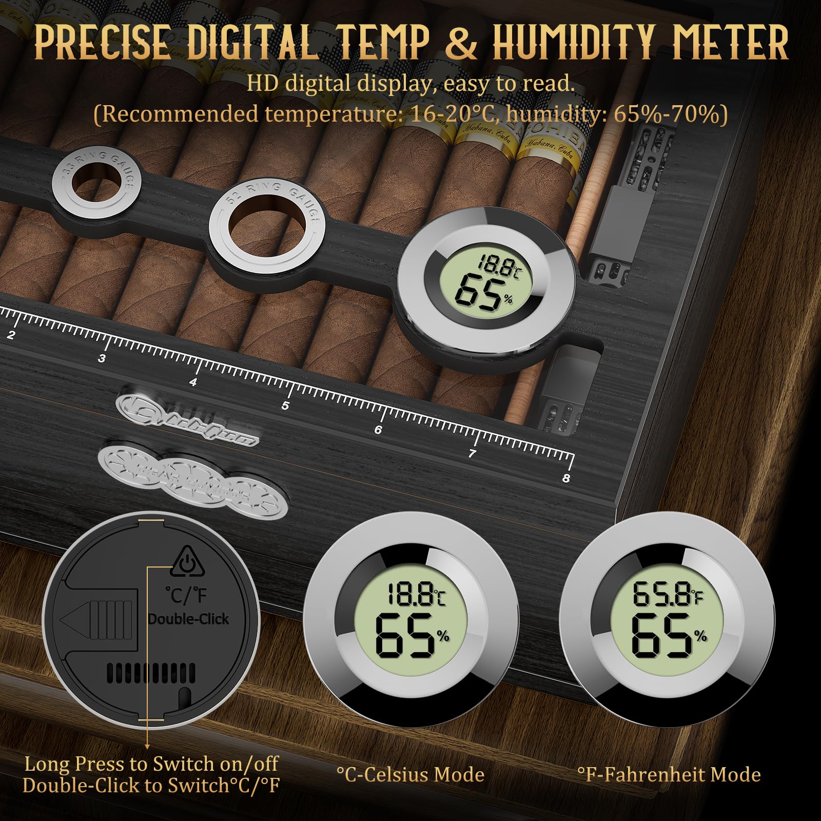 LIHTUN Zigarren Humidor, Glas Top Desktop Humidor Box, Zigarren Geschenke für Männer, Zedernholz Zigarrenkoffer mit Digital Hygrometer, Luftbefeuchter, Messskala und Zigarren Zubehör Schublade
