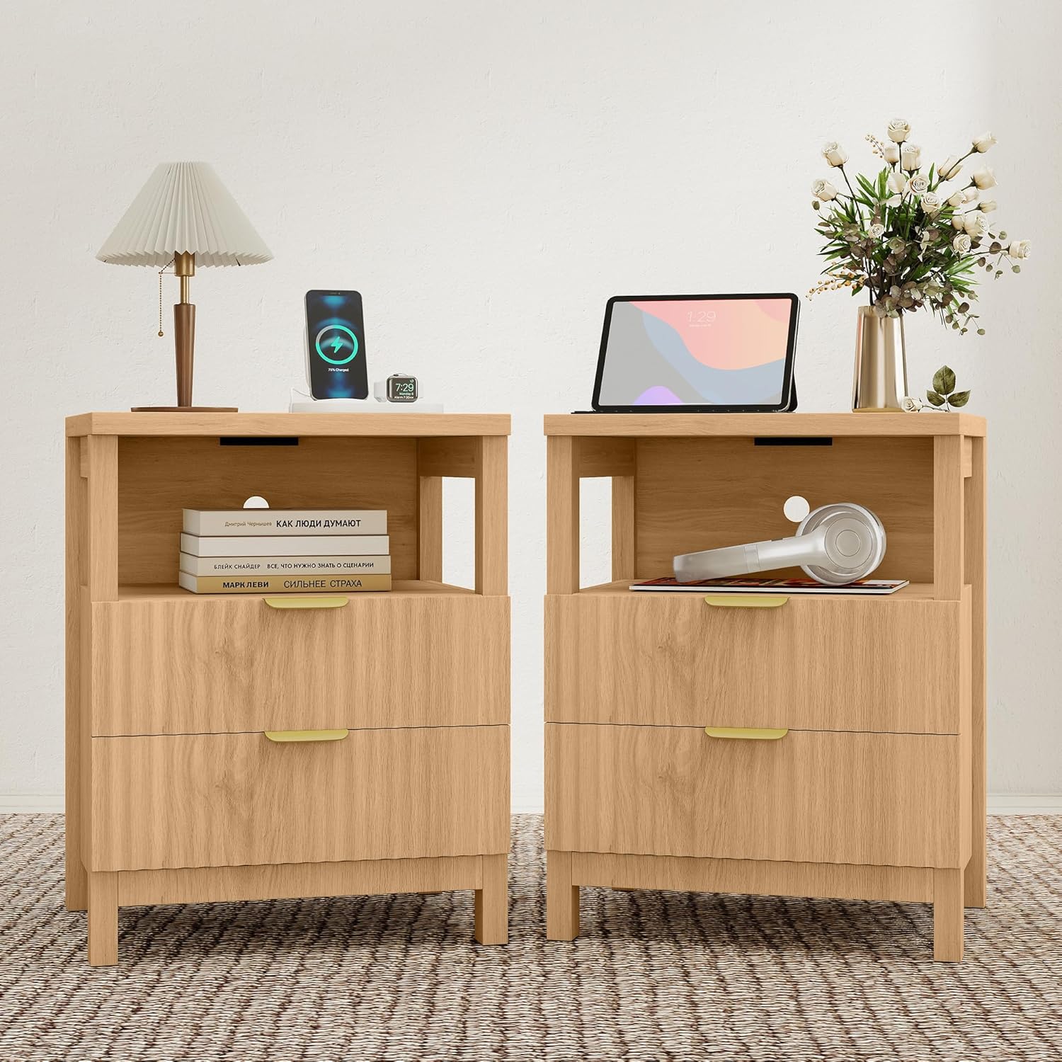 2 PC Fluted Nightstand with Charging Station (2 Drawers) - Storage for Bedroom & Study, Small Home Side Table, Oak
