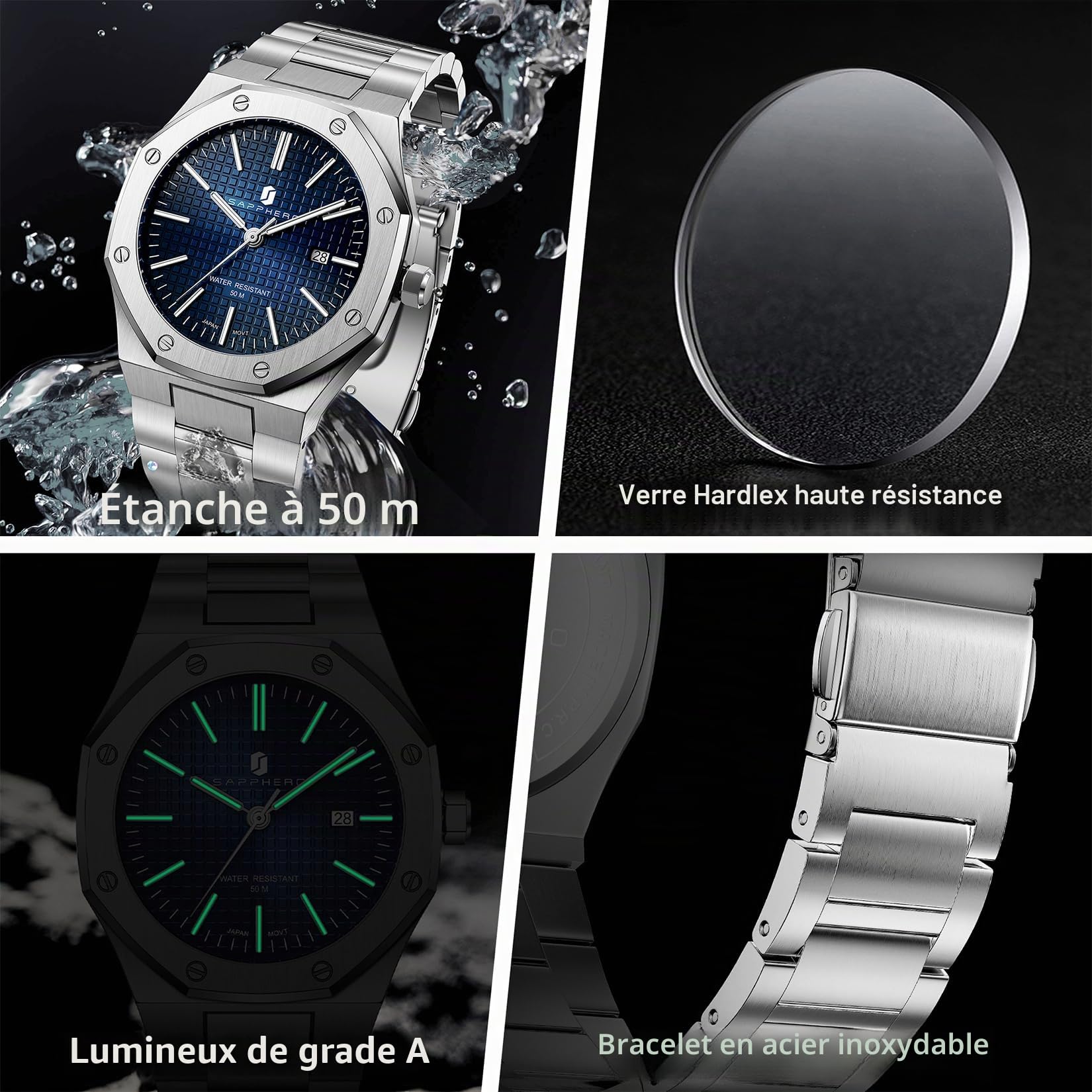 SAPPHERO Montre pour Hommes en Acier Inoxydable Montre Homme 50M Montres octogonales étanches Hommes Mouvement à Quartz Japonais Affaires décontractées avec Date et Fonction Lumineuse