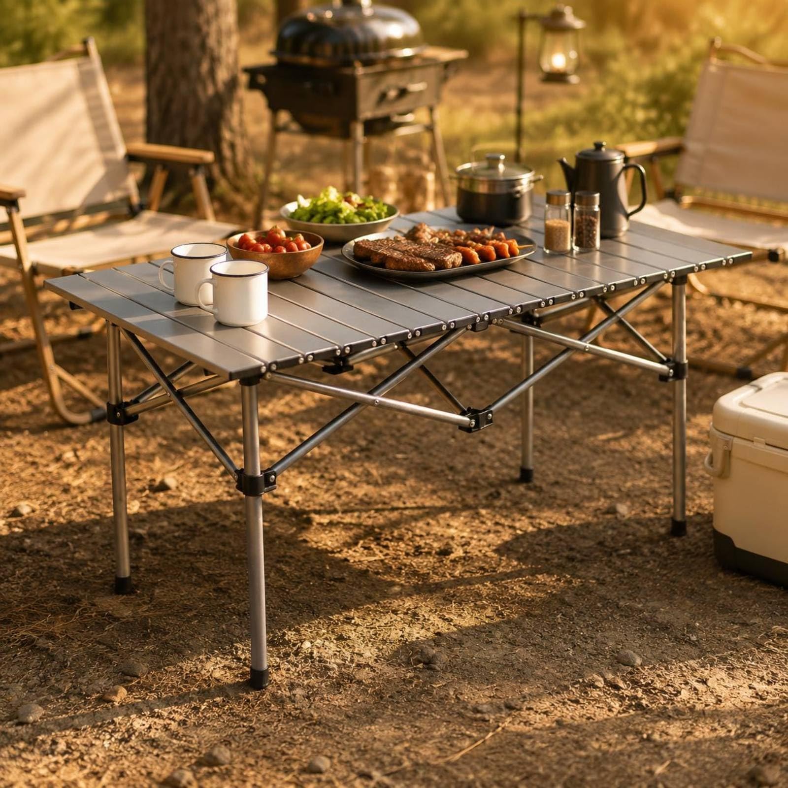 rockible Mesa de Camping Plegable Ligera con Superficie Segmentada Mesa Auxiliar Mesa de Picnic Mesa de Exterior Diseño Abatible de Patas Rectas y Cruces, 120 65 62 Cm, Beige