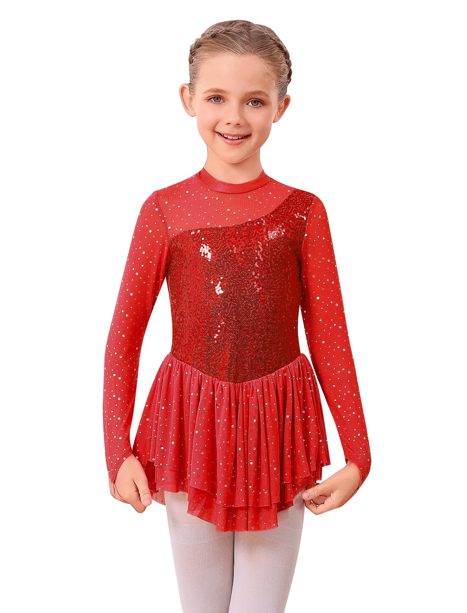 FYMNSI Vestido de patinaje artístico para niñas con diamantes de imitación brillantes, manga larga, malla de tul con falda, leotardo para gimnasia, ballet y baile