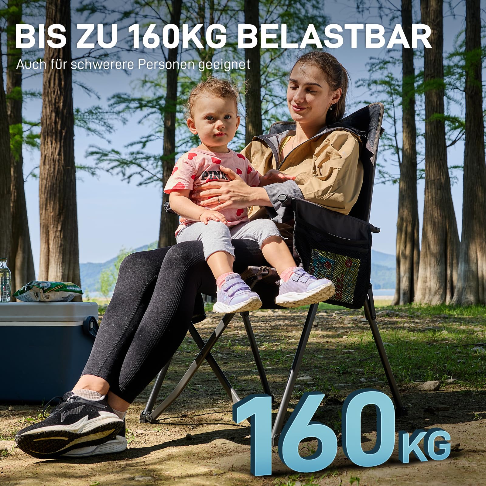 EVER ADVANCED Campingstuhl Faltbar Rückenverstellbar in 4 Positionen 160KG Belastbar, Klappstuhl Recliner Campingstuhl Klappbar mit Seitentasche & Getränkehalter, Angelstuhl für Camping Garten Balkon