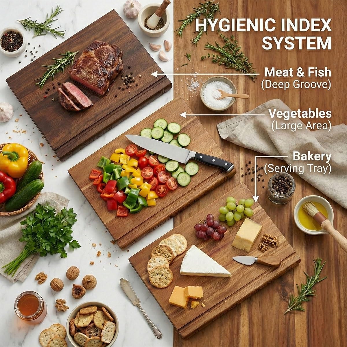 Profi Schneidebrett Holz Set mit Ständer in Buchoptik - 3x Gleiche Größe Holzschneidebrett Set - Robustes Küchenbrett Holz für Fleisch & Brot - Book Cutting Board Set - Schneidebrett Bücher