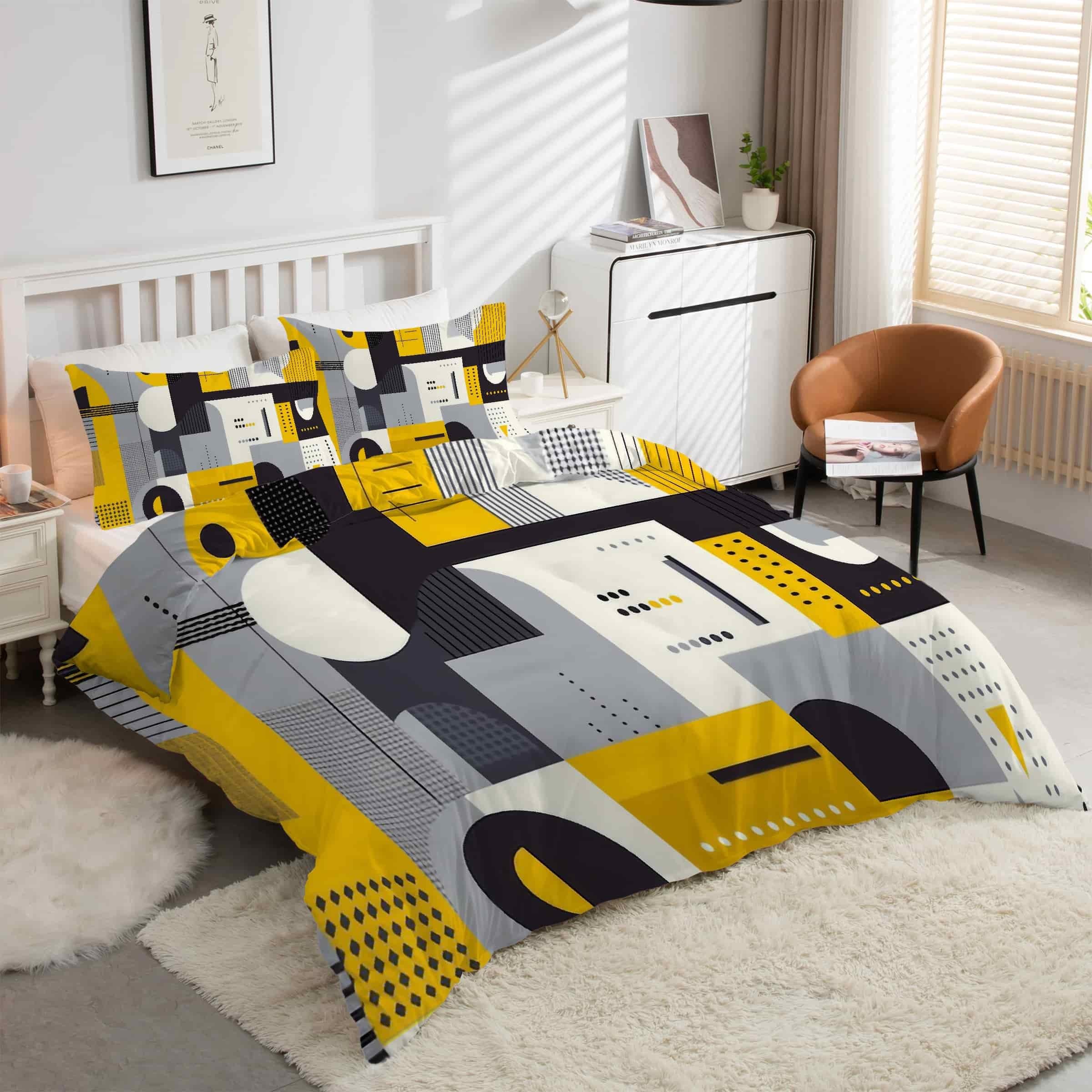 Housse de couette 220x240 géométrie anti-glissement avec fermeture éclair facile