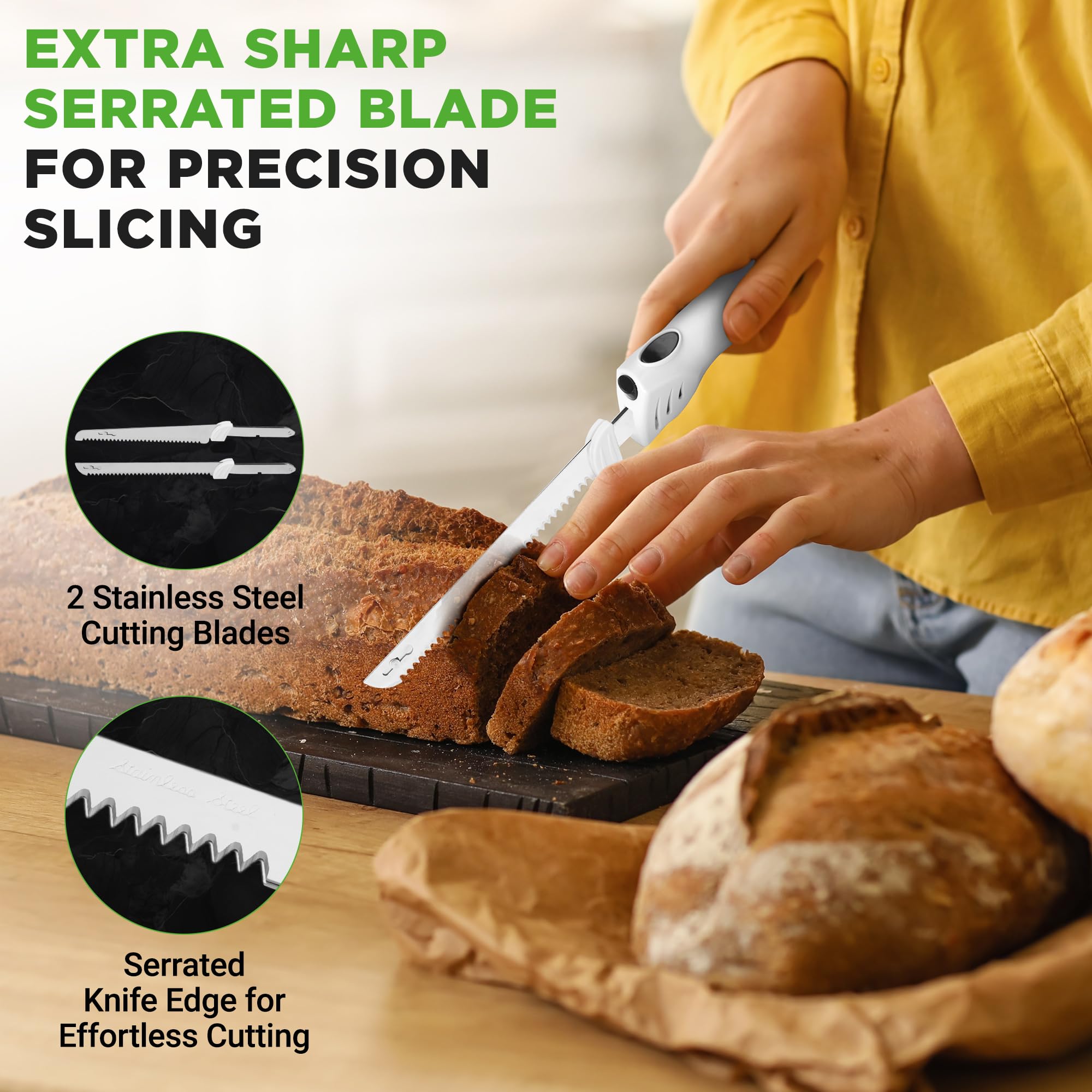 NutriChef Electric Carving Turkey Slicer Kitchen Knife | For Thanksgiving | Portable Electrical Food Cutter Knife Set with Carve Blades & Wood Stand | Cuts Meat, Bread, Cheese & Fruit | White — Amazon image 5