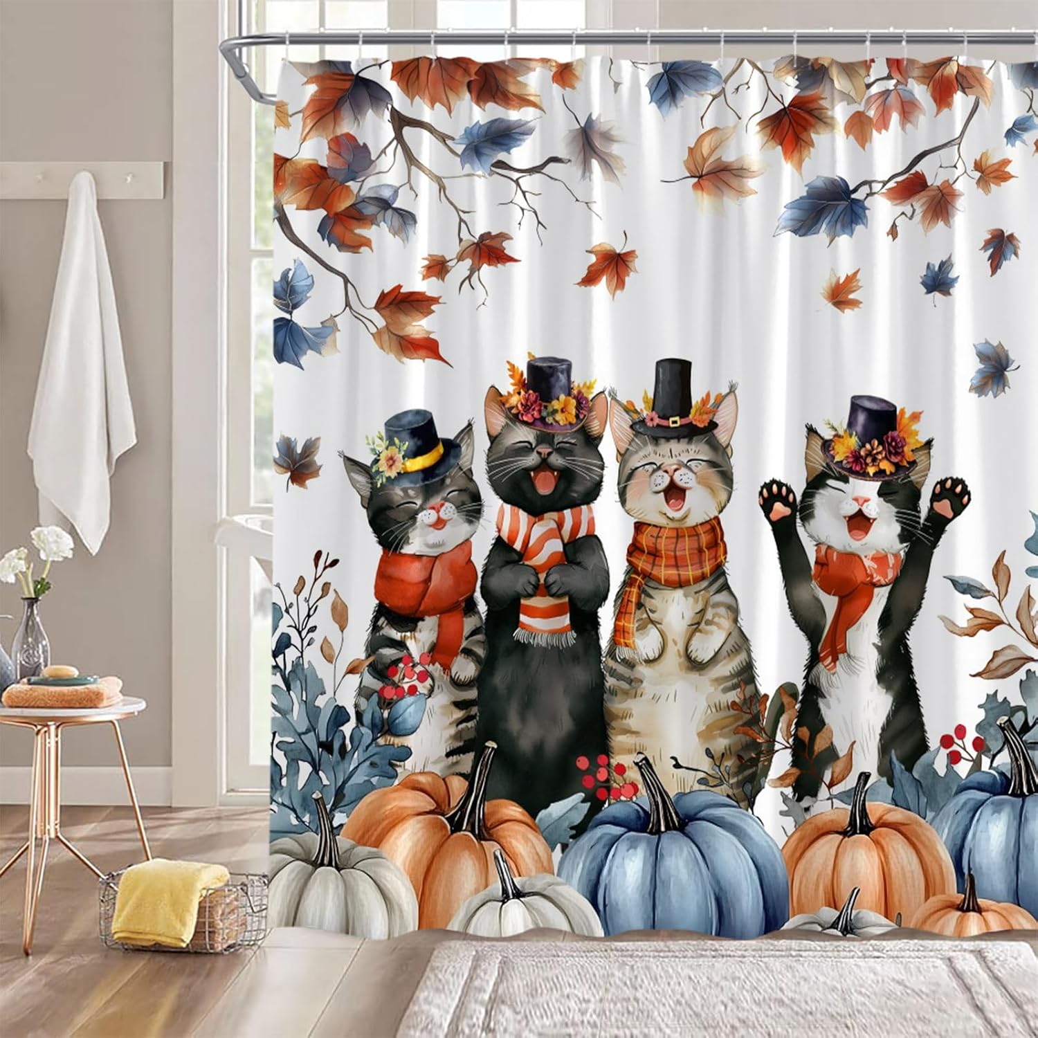 GCTNBJL Fall Thanksgiving Shower Curtain Pumpkin Cute Cats Maple Leaf Watercolor Animal Blue Orange Extra Long Bathroom Home Curtain with Hooks,70x78 Inch