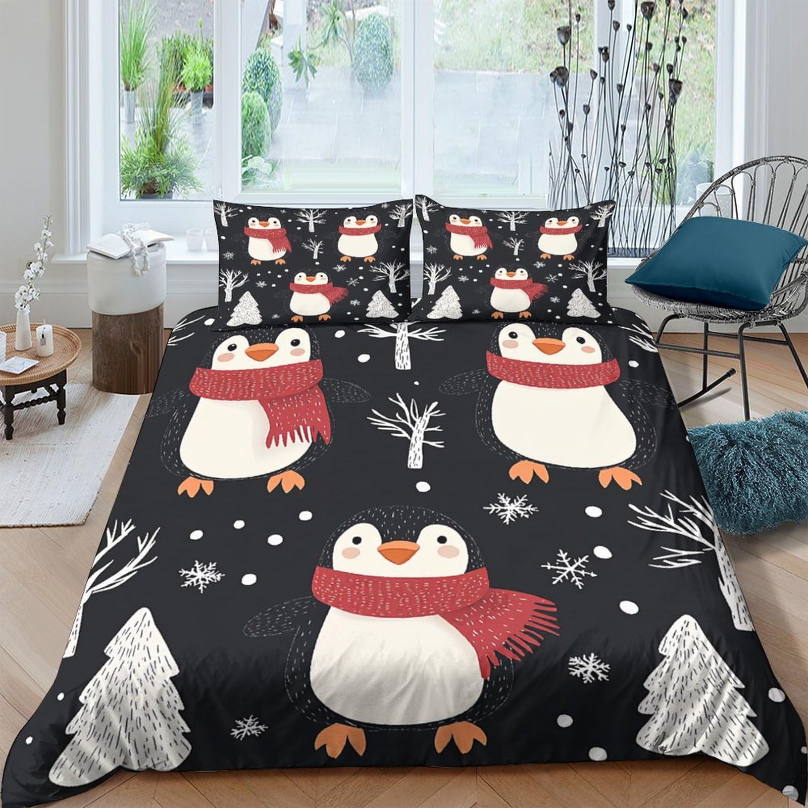 GPLZQXKJNH 3D Printed Cute Penguin Duvet Cover Set Microfiber Soft Breathable Snow Forest Bedding with 2 Pillowcases for Bedroom Decor Single（135x200cm）