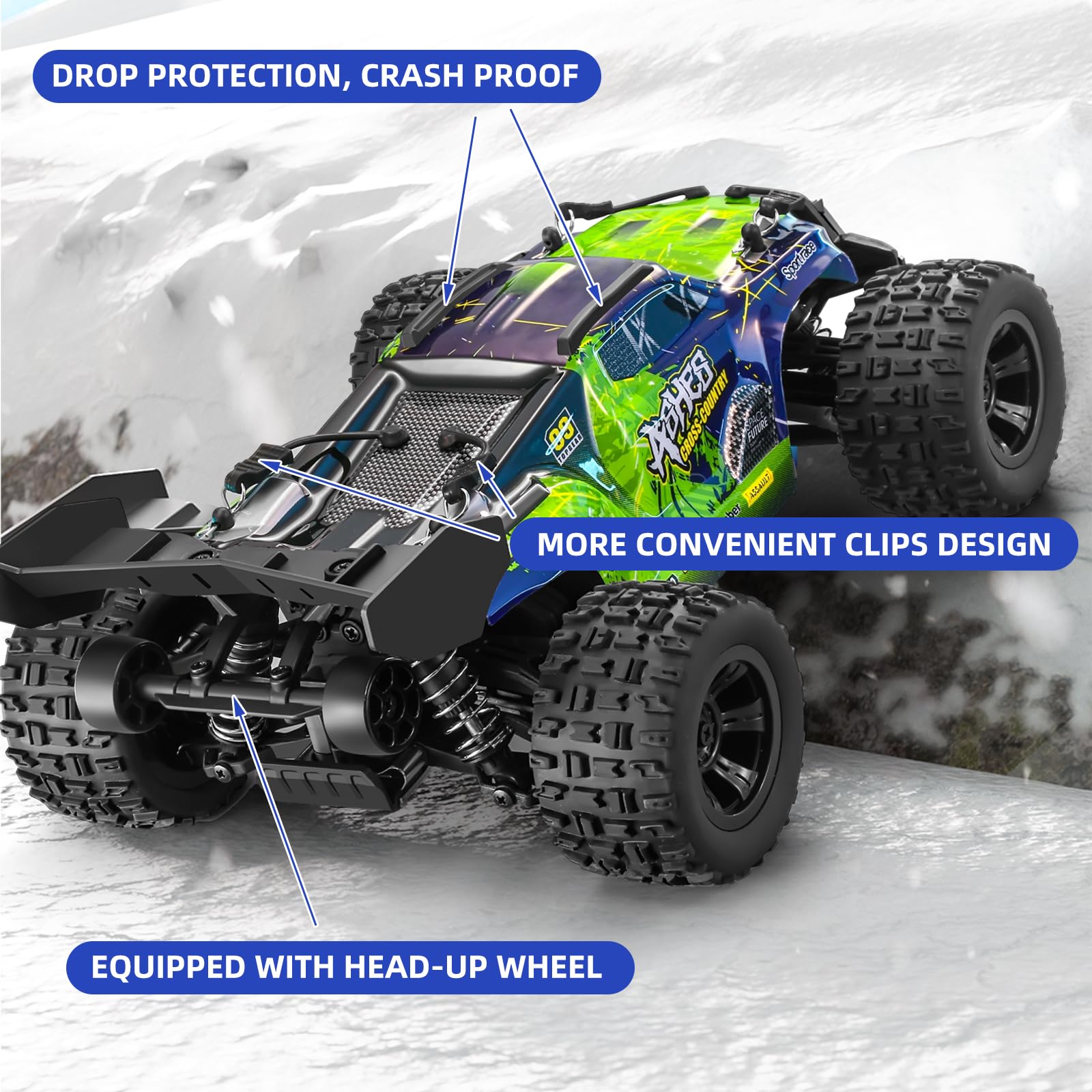 YONCHER Samochody RC dla dorosłych, 1:18 40 km/h wysokiej prędkości samochód zdalnie sterowany, 2,4 G 4WD szybka ciężarówka zdalnie sterowana, Hobby RC Monster Trucks z dwoma akumulatorami 70 minut
