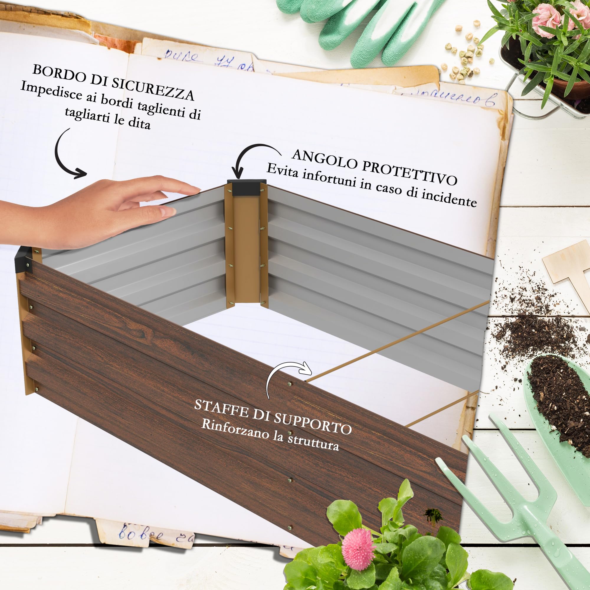 Outsunny Letto per Orto Rialzato 405L 240x60x30 cm Effetto Legno Scuro | da Esterno, Fioriera da Balcone, Acciaio Galvanizzato, Fondo Aperto, per Piante Fiori e Verdure